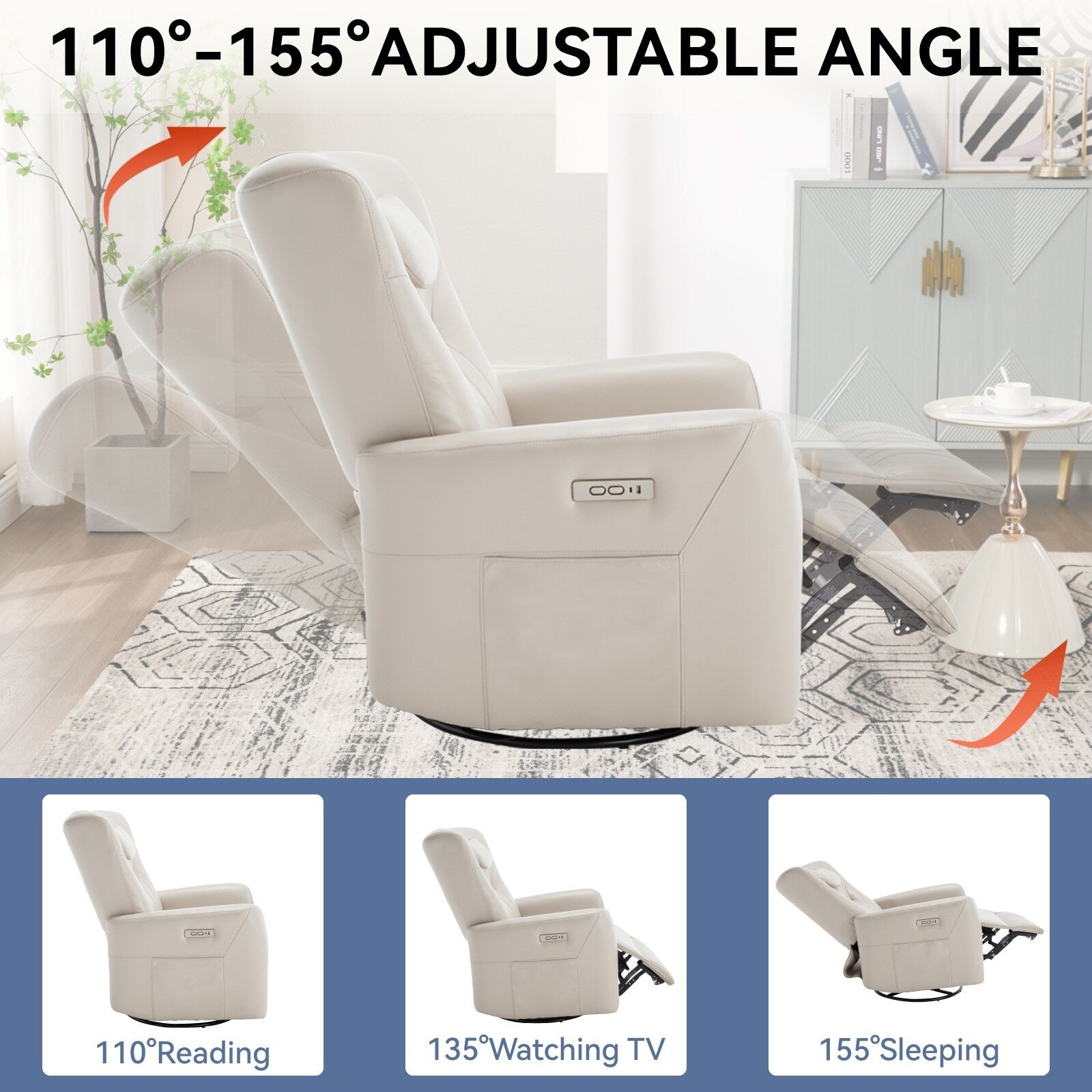 270Â° Swivel Rocker Power Recliner Chair, Support Pillow, USB, Type-C