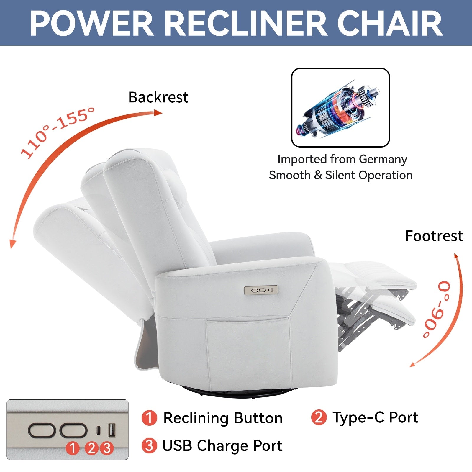 270Â° Swivel Rocker Power Recliner Chair, Support Pillow, USB, Type-C