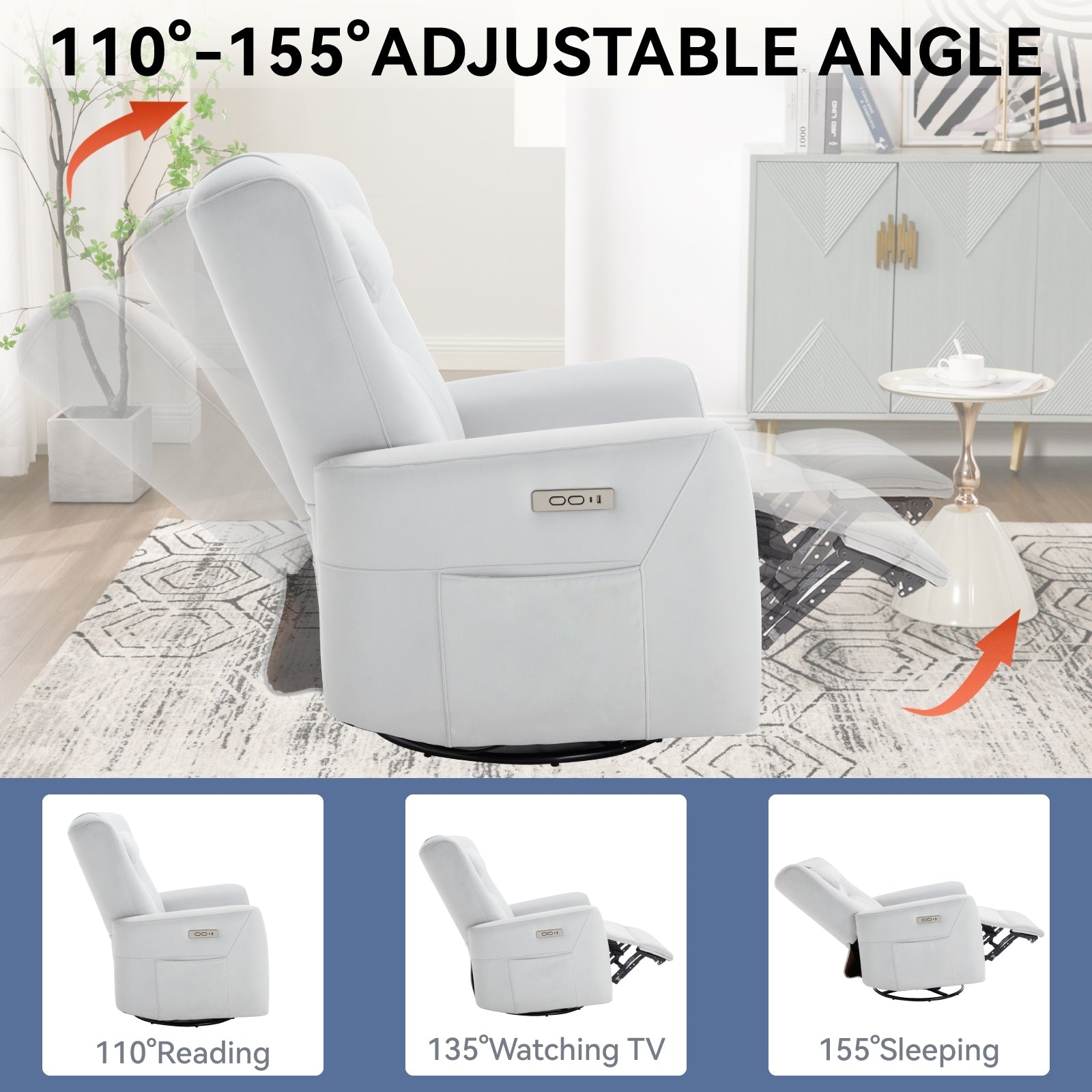 270Â° Swivel Rocker Power Recliner Chair, Support Pillow, USB, Type-C