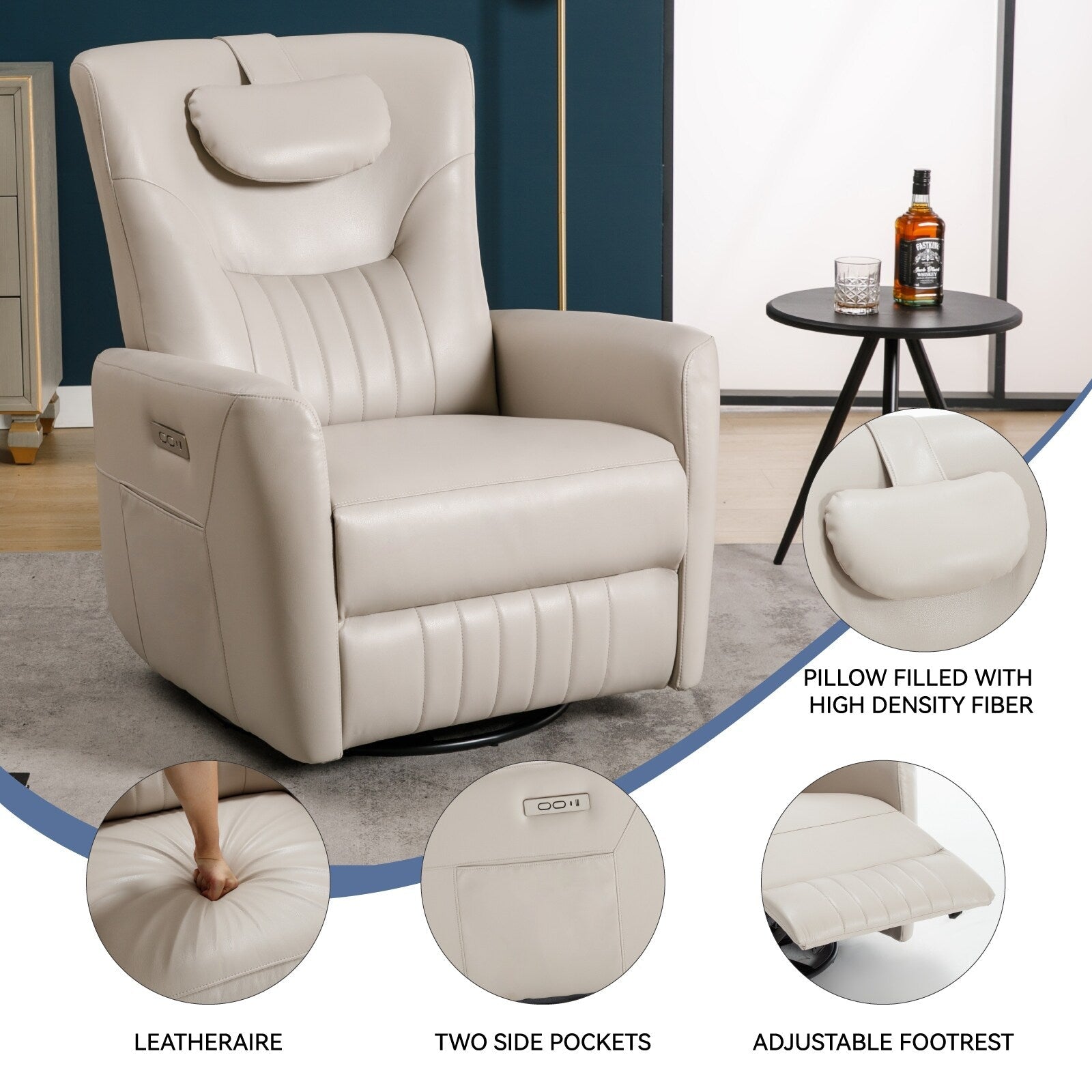 270Â° Swivel Rocker Power Recliner Chair, Support Pillow, USB, Type-C