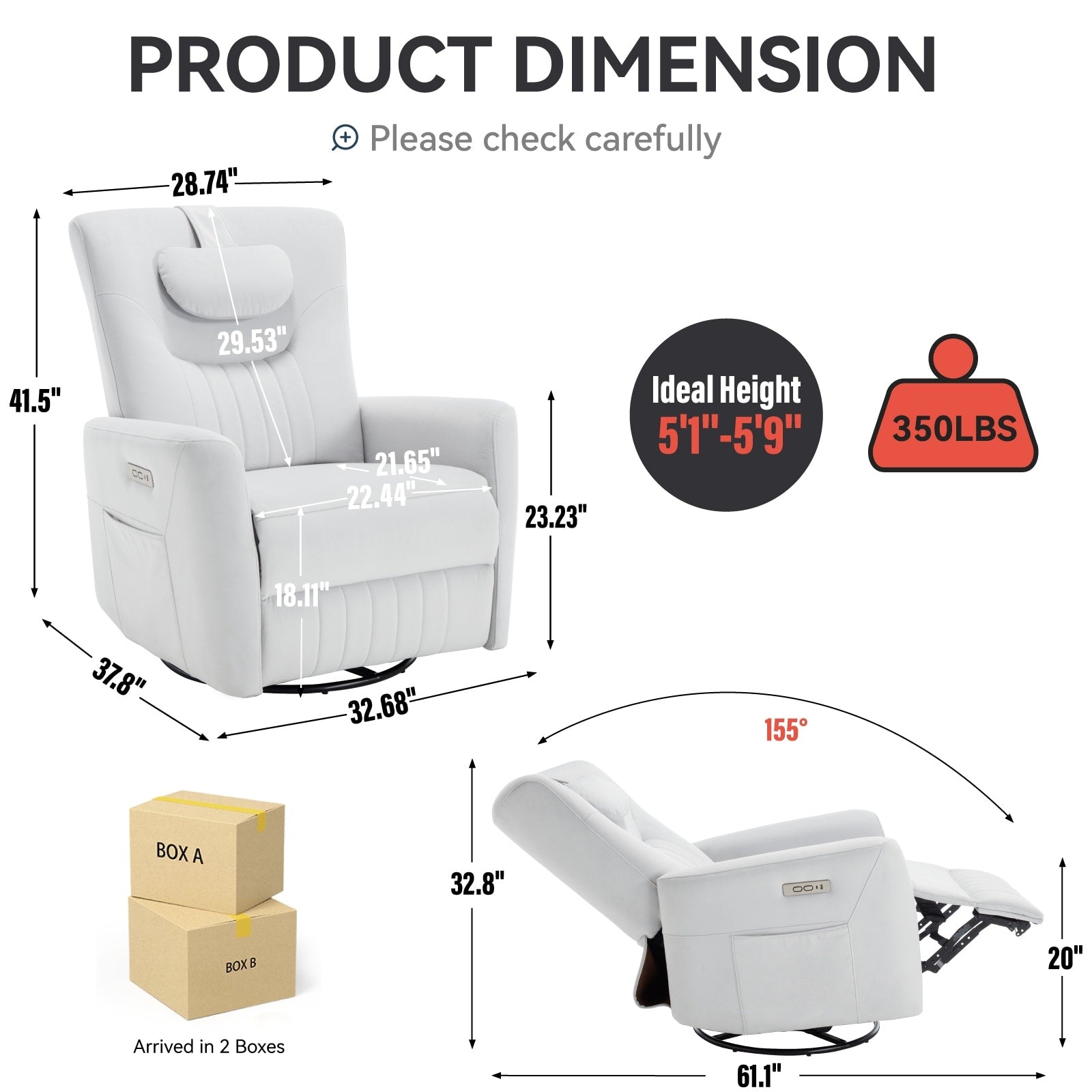 270Â° Swivel Rocker Power Recliner Chair, Support Pillow, USB, Type-C