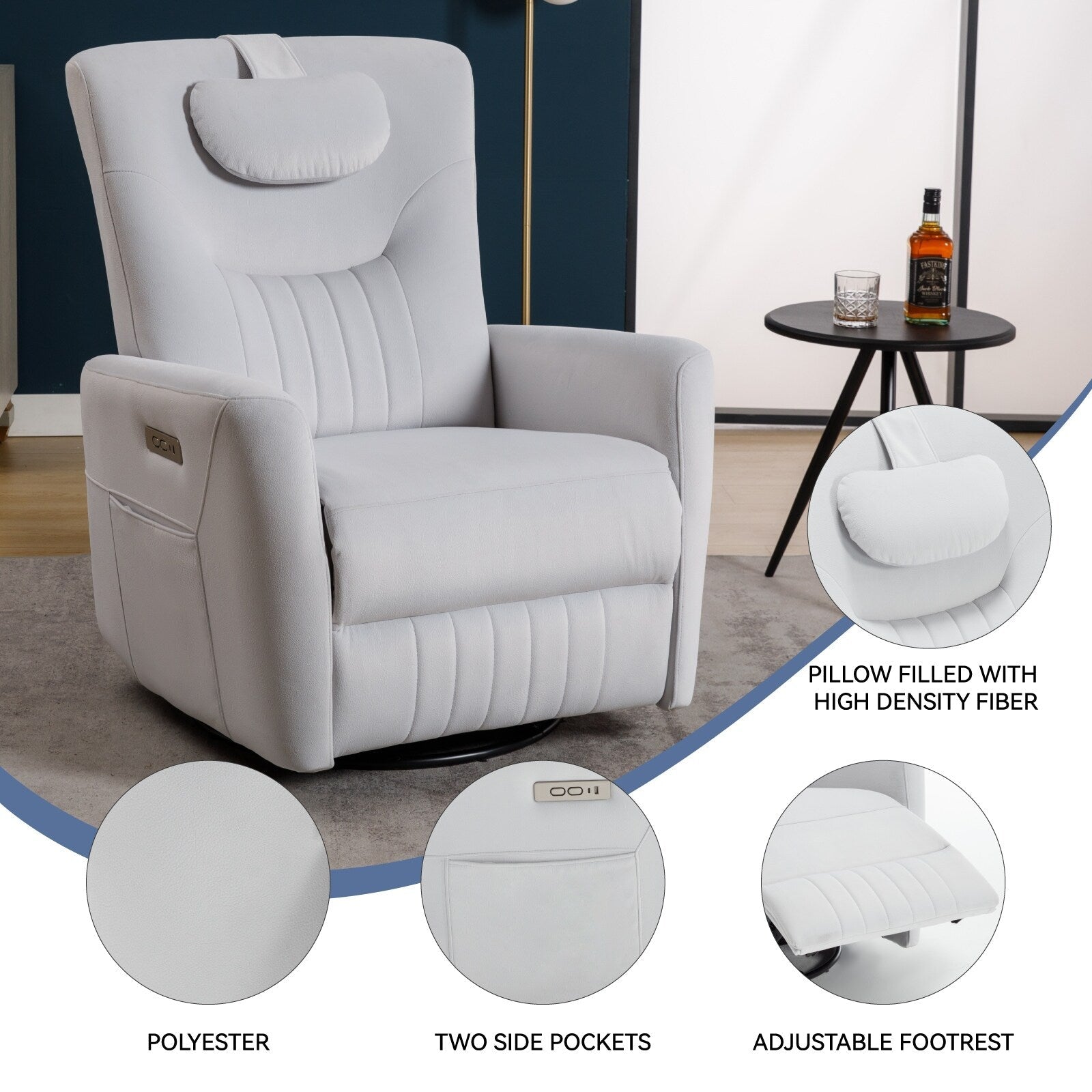 270Â° Swivel Rocker Power Recliner Chair, Support Pillow, USB, Type-C