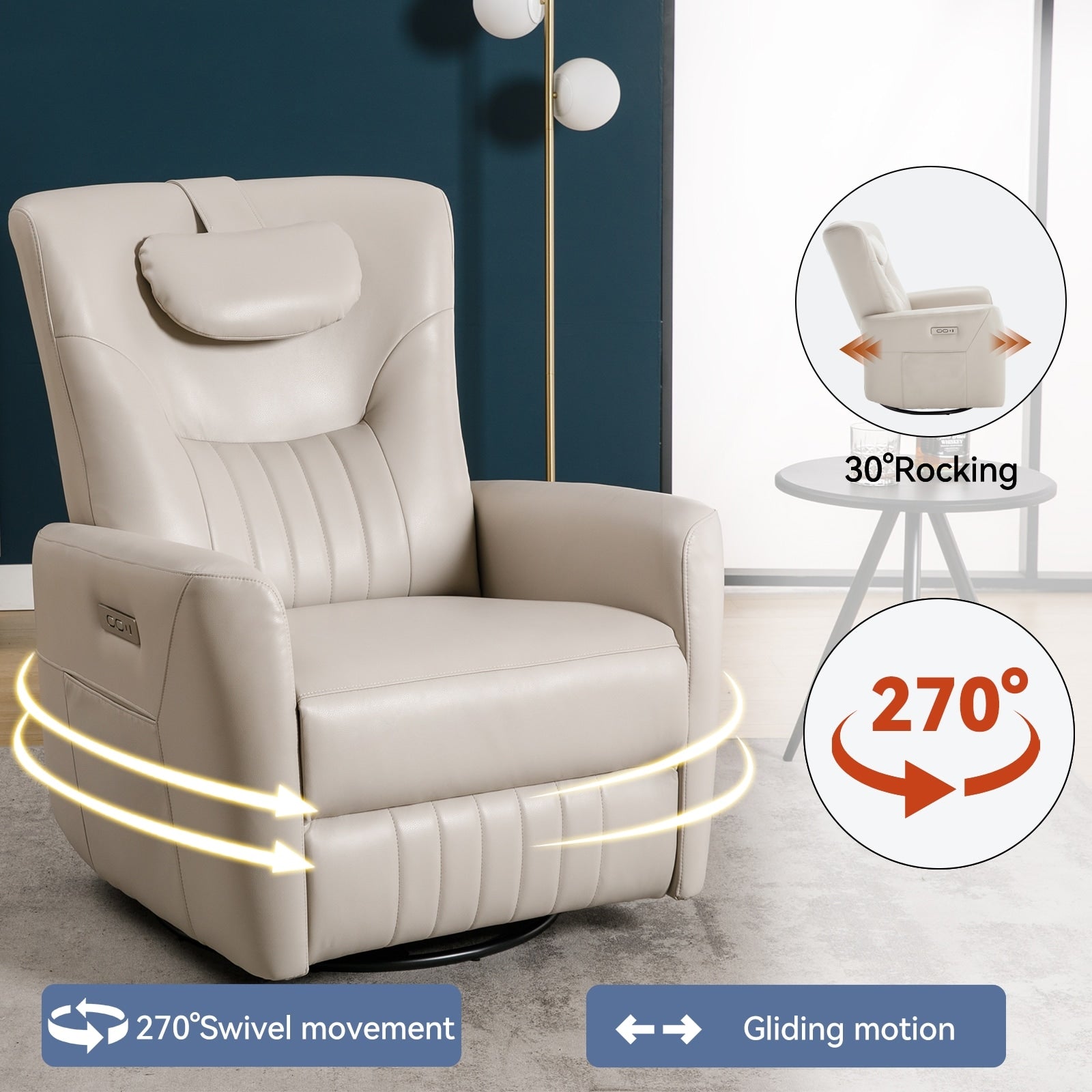 270Â° Swivel Rocker Power Recliner Chair, Support Pillow, USB, Type-C