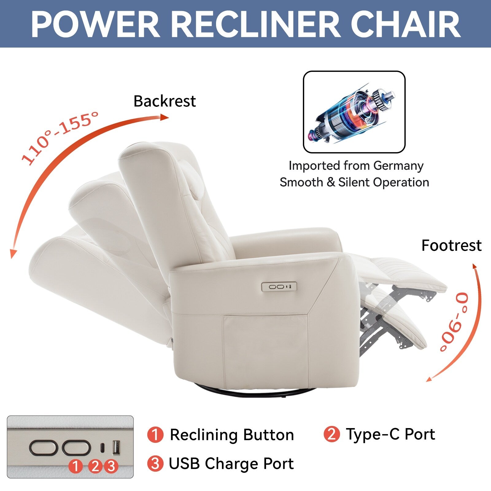 270Â° Swivel Rocker Power Recliner Chair, Support Pillow, USB, Type-C