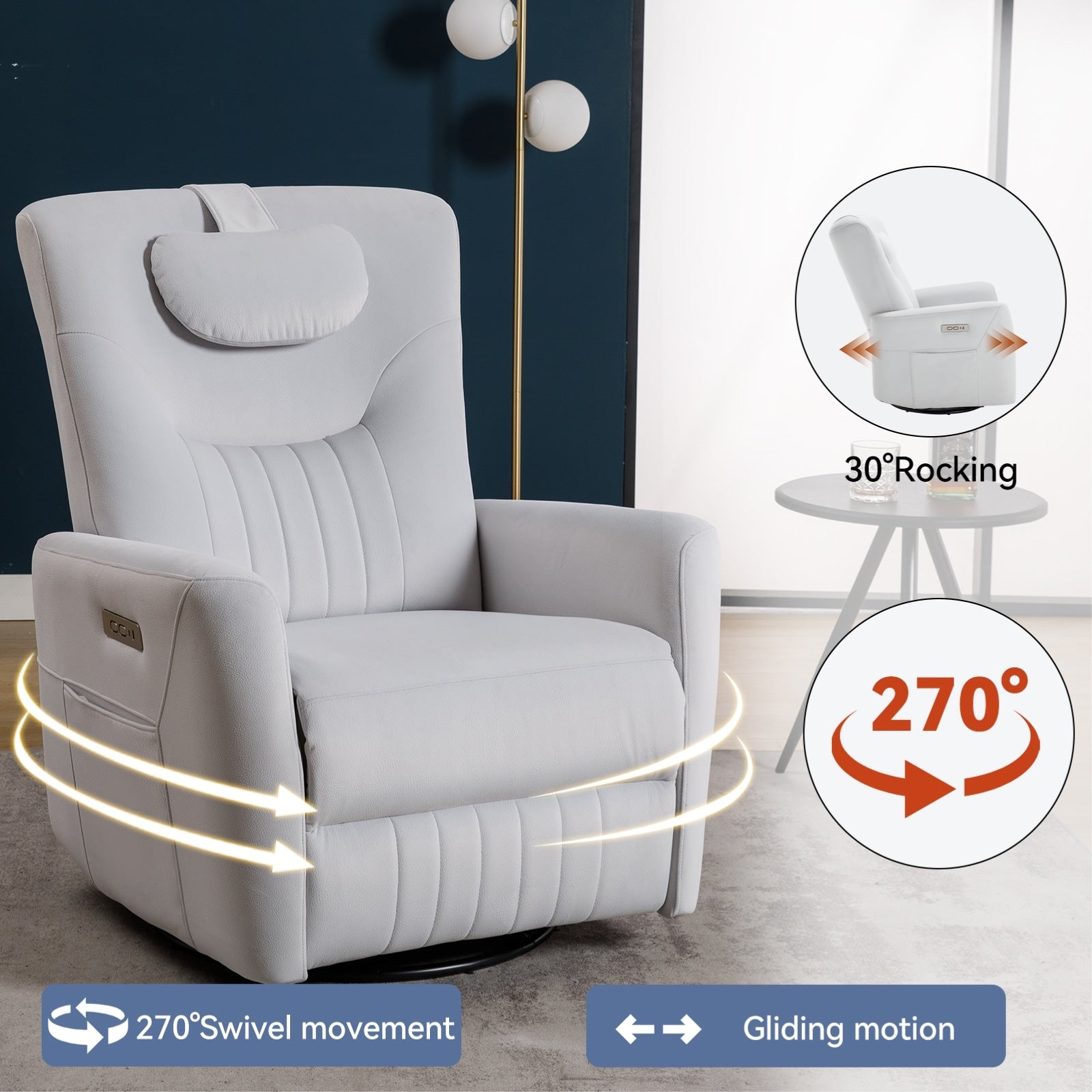 270Â° Swivel Rocker Power Recliner Chair, Support Pillow, USB, Type-C