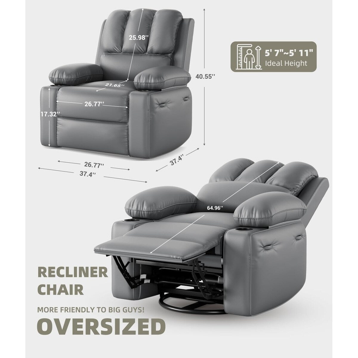 27'' Oversized360° Swivel Recliner Chairs with Heat and Massage