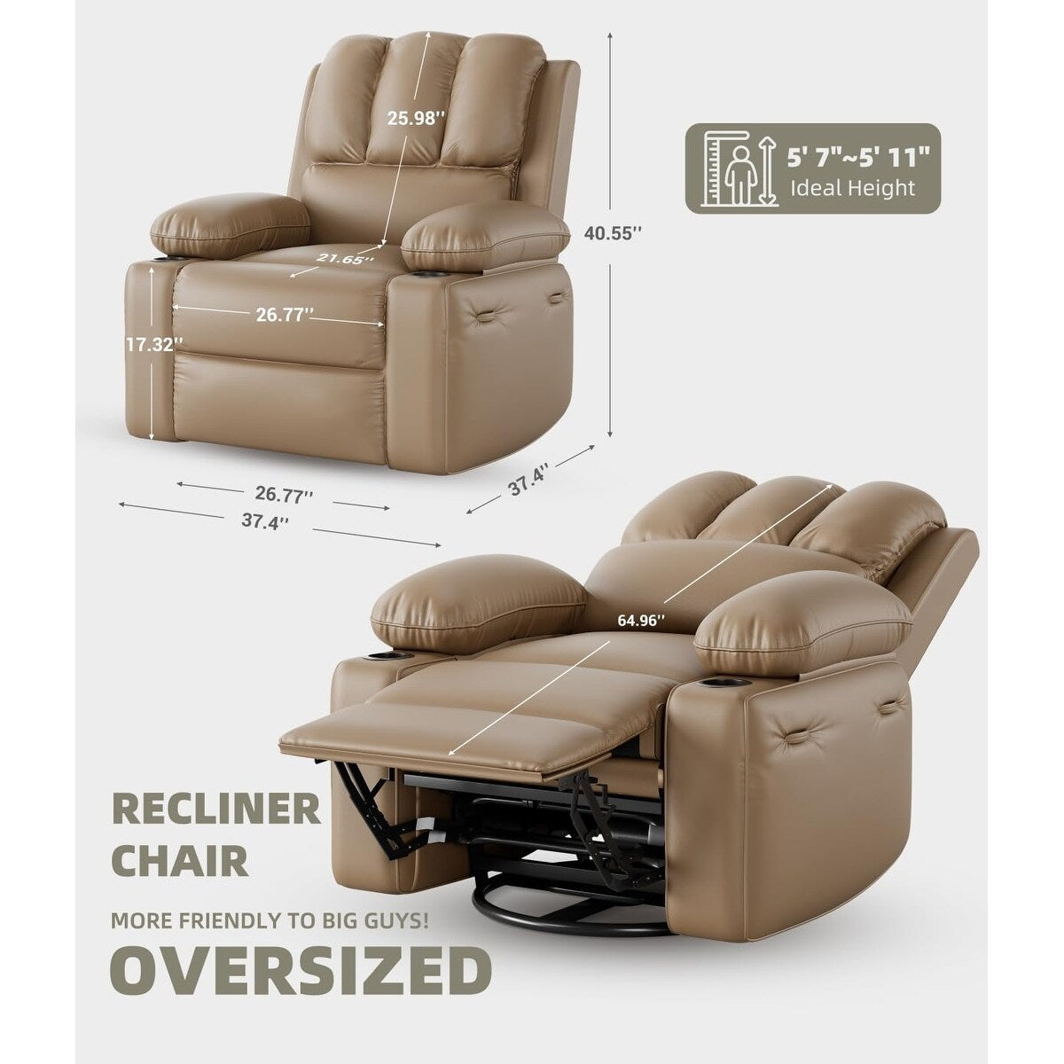 27'' Oversized360° Swivel Recliner Chairs with Heat and Massage