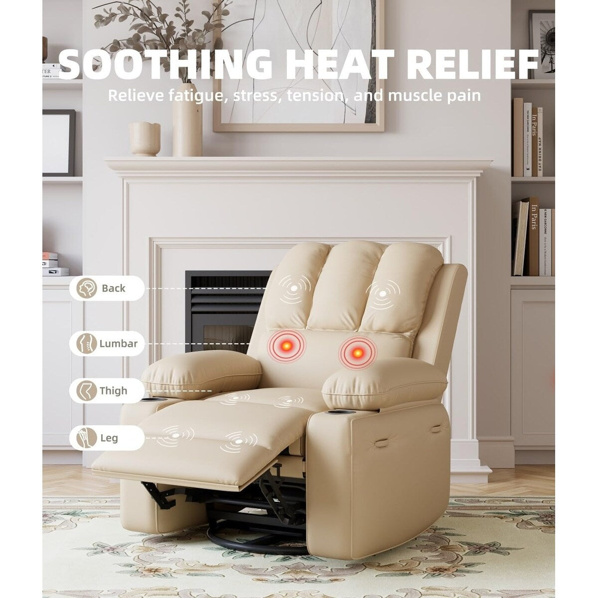 27'' Oversized360° Swivel Recliner Chairs with Heat and Massage