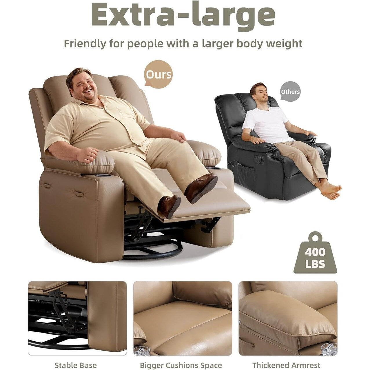 27'' Oversized360° Swivel Recliner Chairs with Heat and Massage