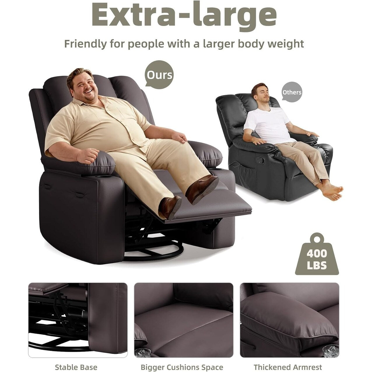 27'' Oversized360° Swivel Recliner Chairs with Heat and Massage