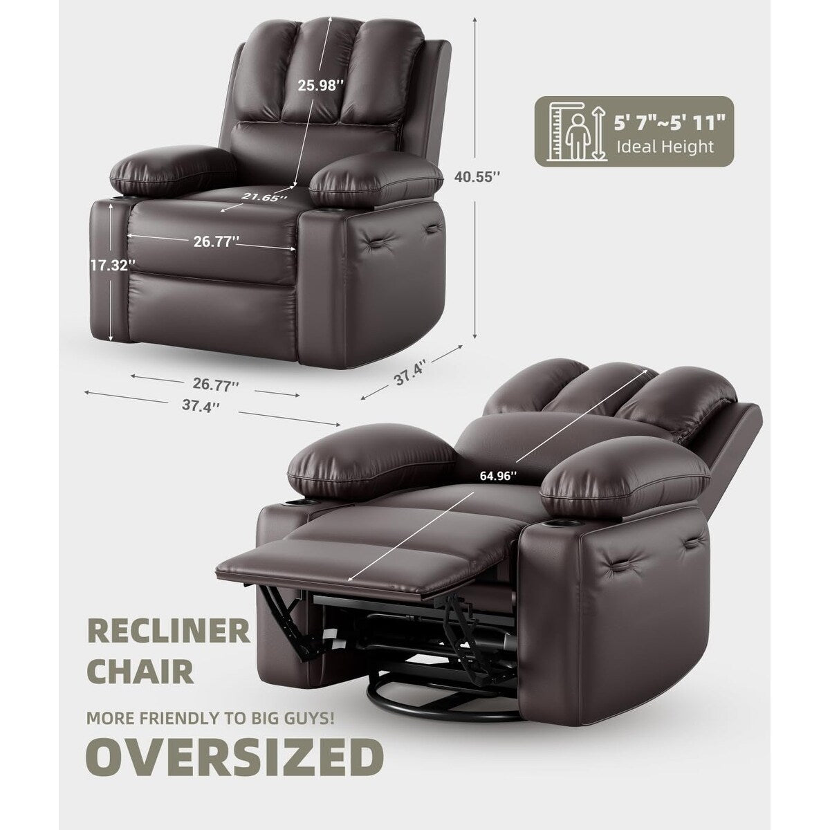 27'' Oversized360° Swivel Recliner Chairs with Heat and Massage