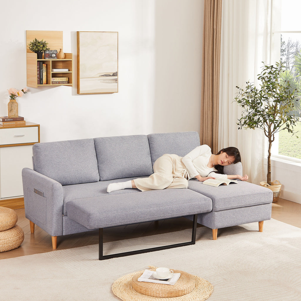 28.35'' Adjustable Fabric 3-Seater Sleeper Sofa with Chaise, Pull-Out Bed, and Armrest Pockets for Storage