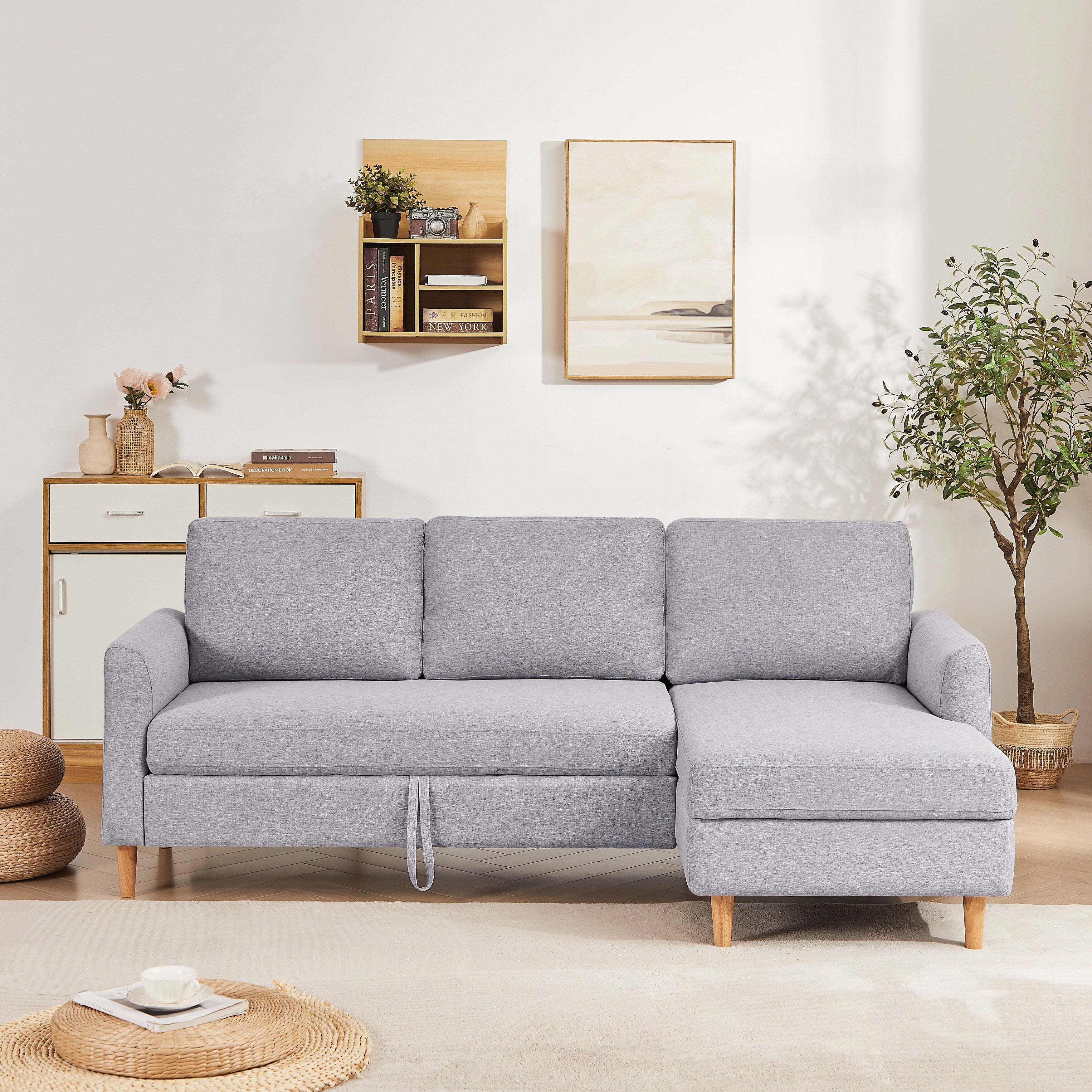 28.35'' Adjustable Fabric 3-Seater Sleeper Sofa with Pull-Out Bed, Chaise, and Armrest Storage Pockets