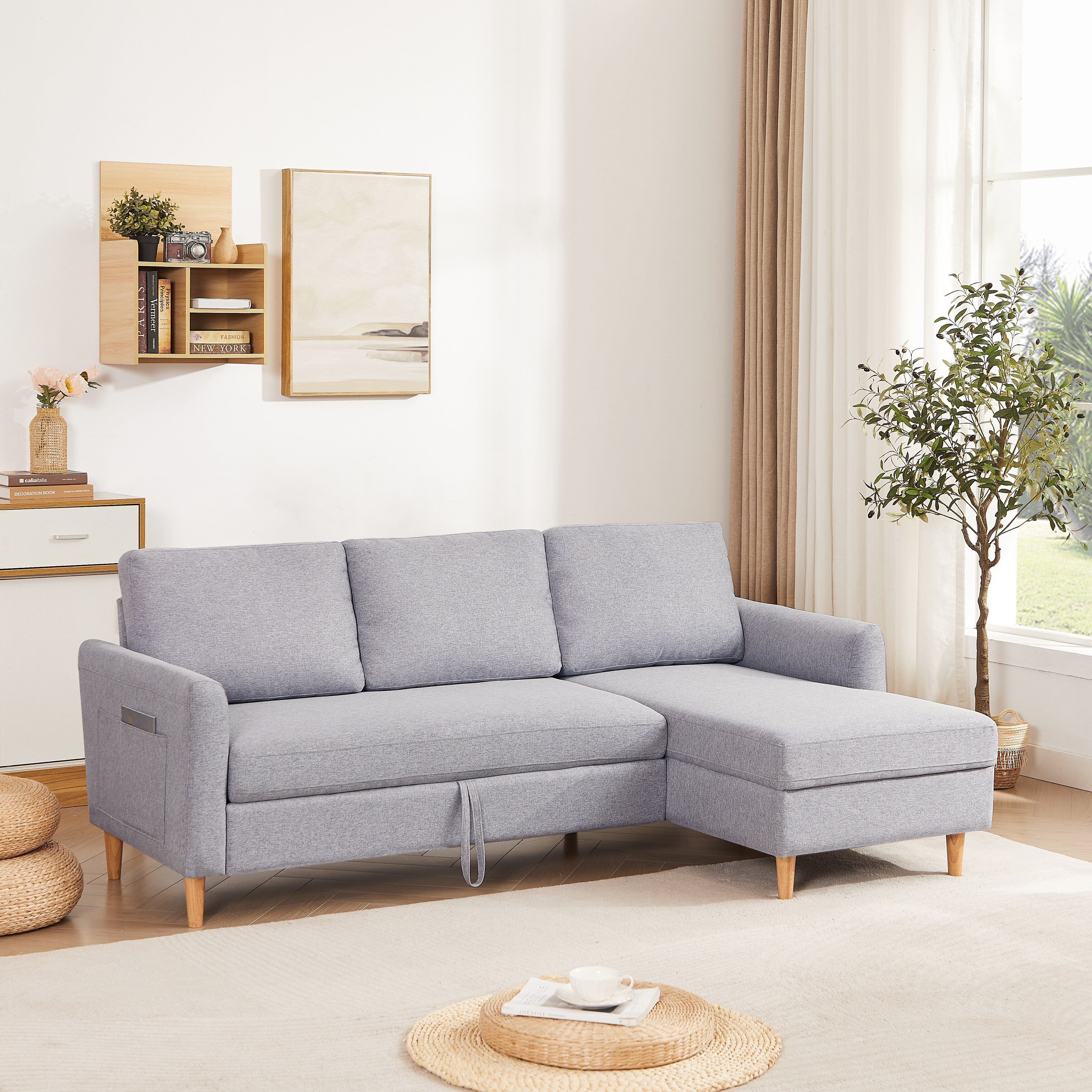 28.35'' Adjustable Fabric 3-Seater Sleeper Sofa with Pull-Out Bed, Chaise, and Armrest Storage Pockets