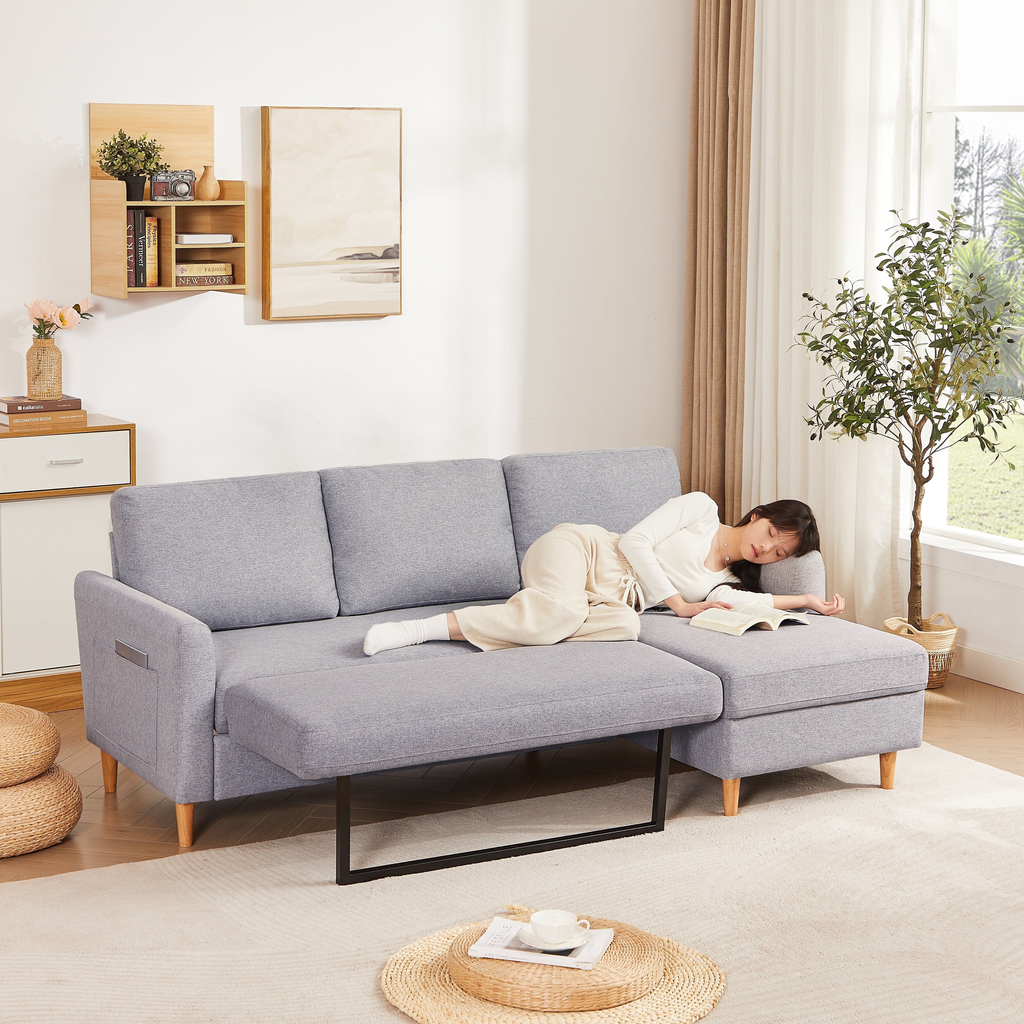 28.35'' Adjustable L-Shaped Fabric Sleeper Sofa with Pull-Out Bed, Chaise, and Armrest Pockets