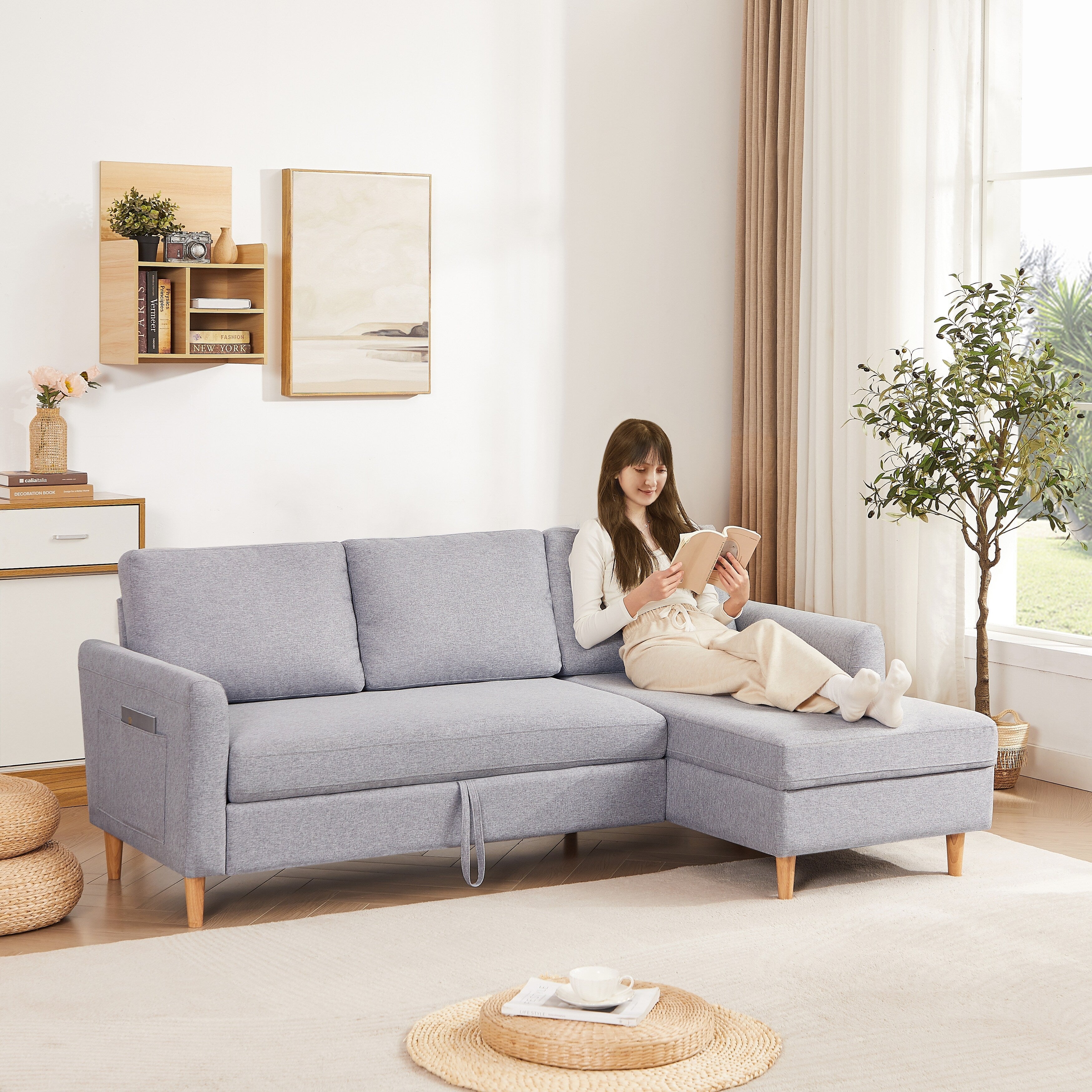 28.35'' Fabric 3-Seater Adjustable Sleeper Sofa with Chaise, Pull-Out Bed, and Armrest Storage Pockets