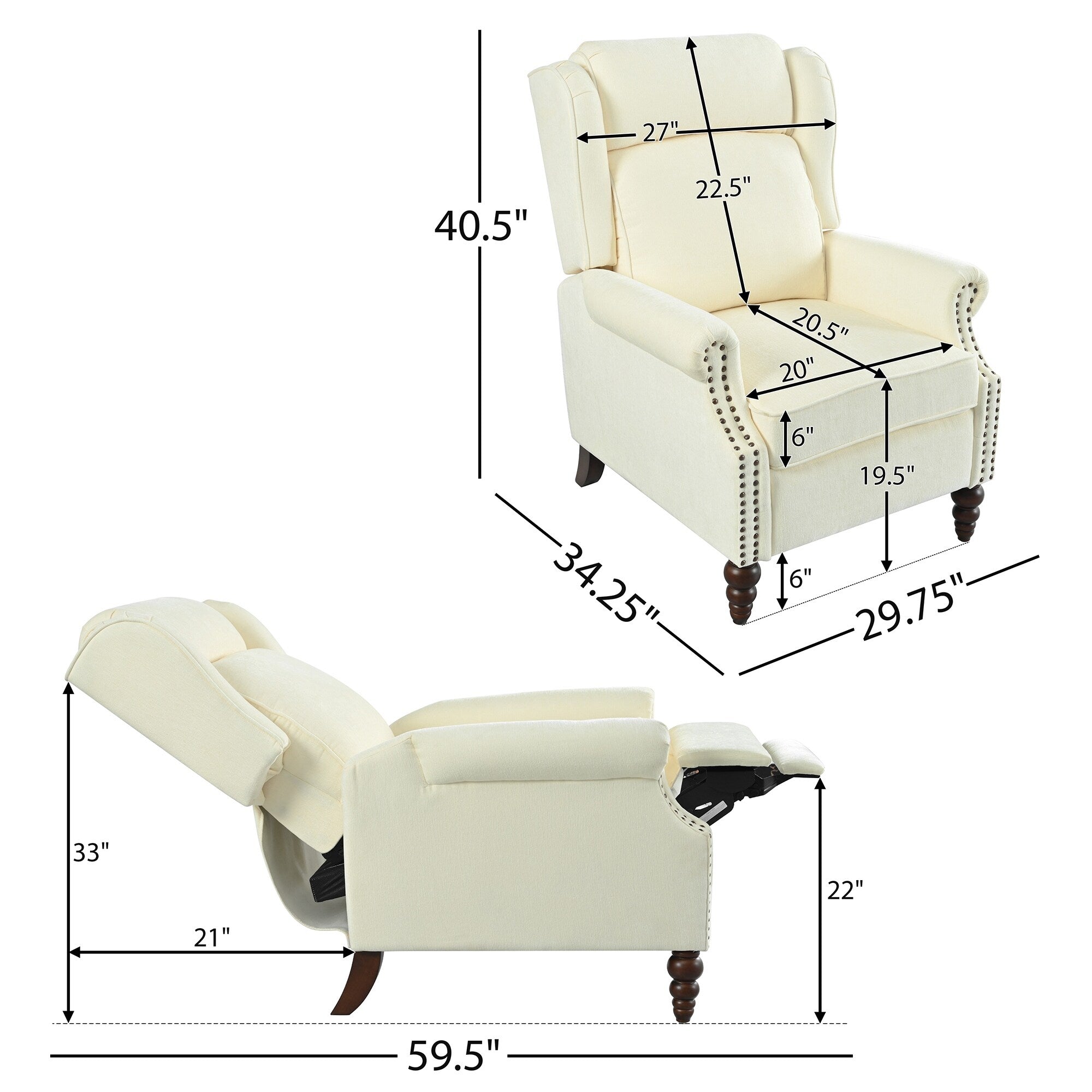 29.75 Push Back Recliner Chair Upholstered Recliner Armchair with Classic Wing Back and Solid Gourd-shaped Wooden Legs