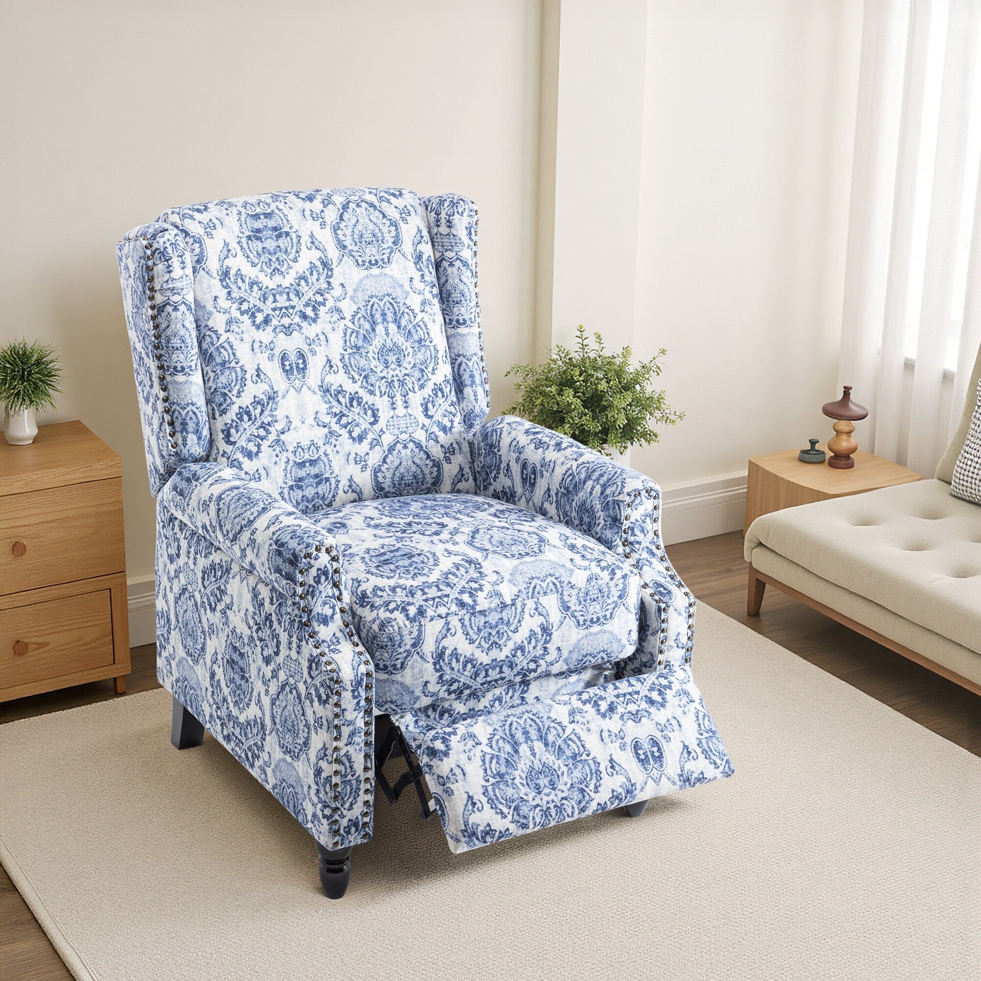 29'' W Vintage Linen Floral Manual Push Back Recliner Chair