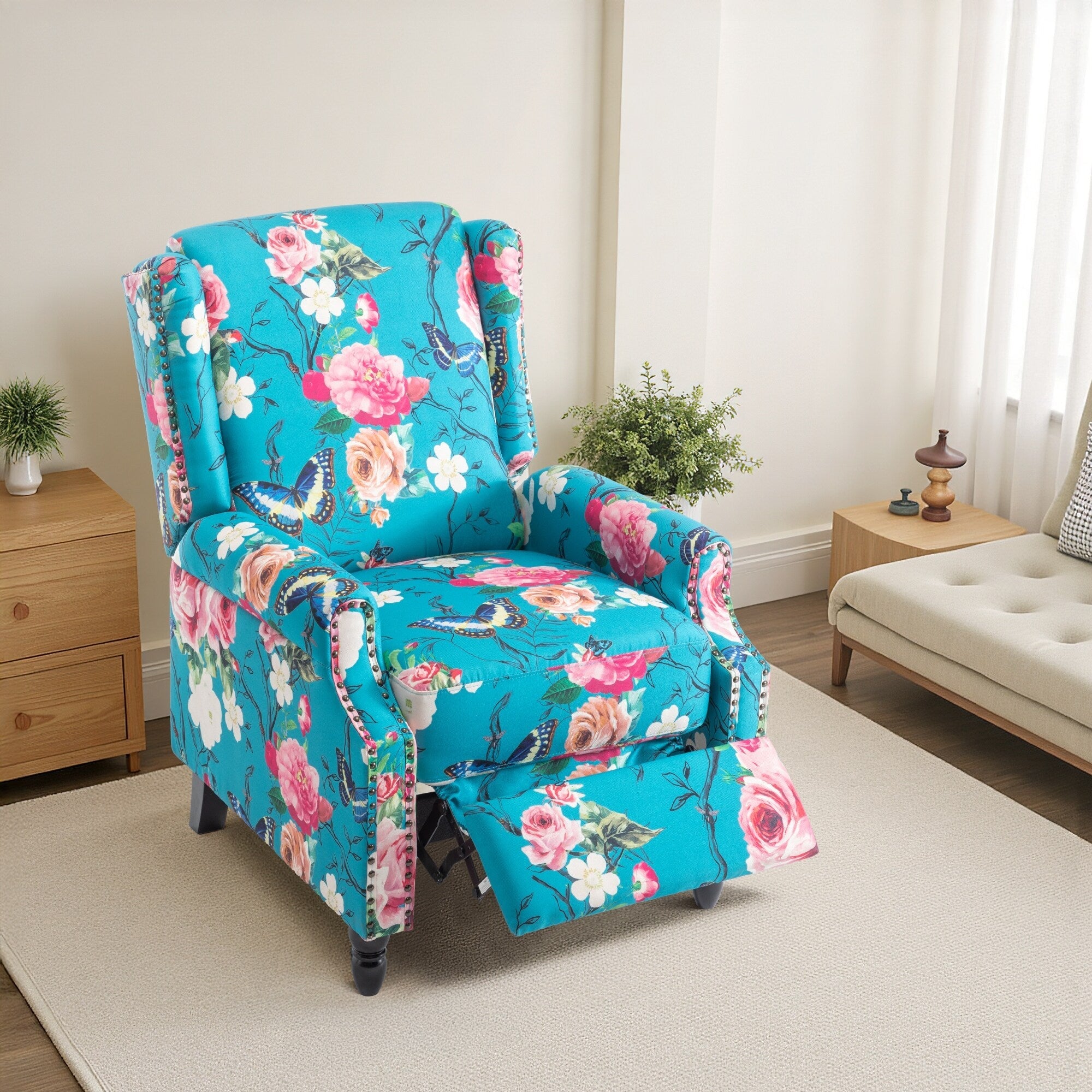 29'' W Vintage Linen Floral Manual Push Back Recliner Chair
