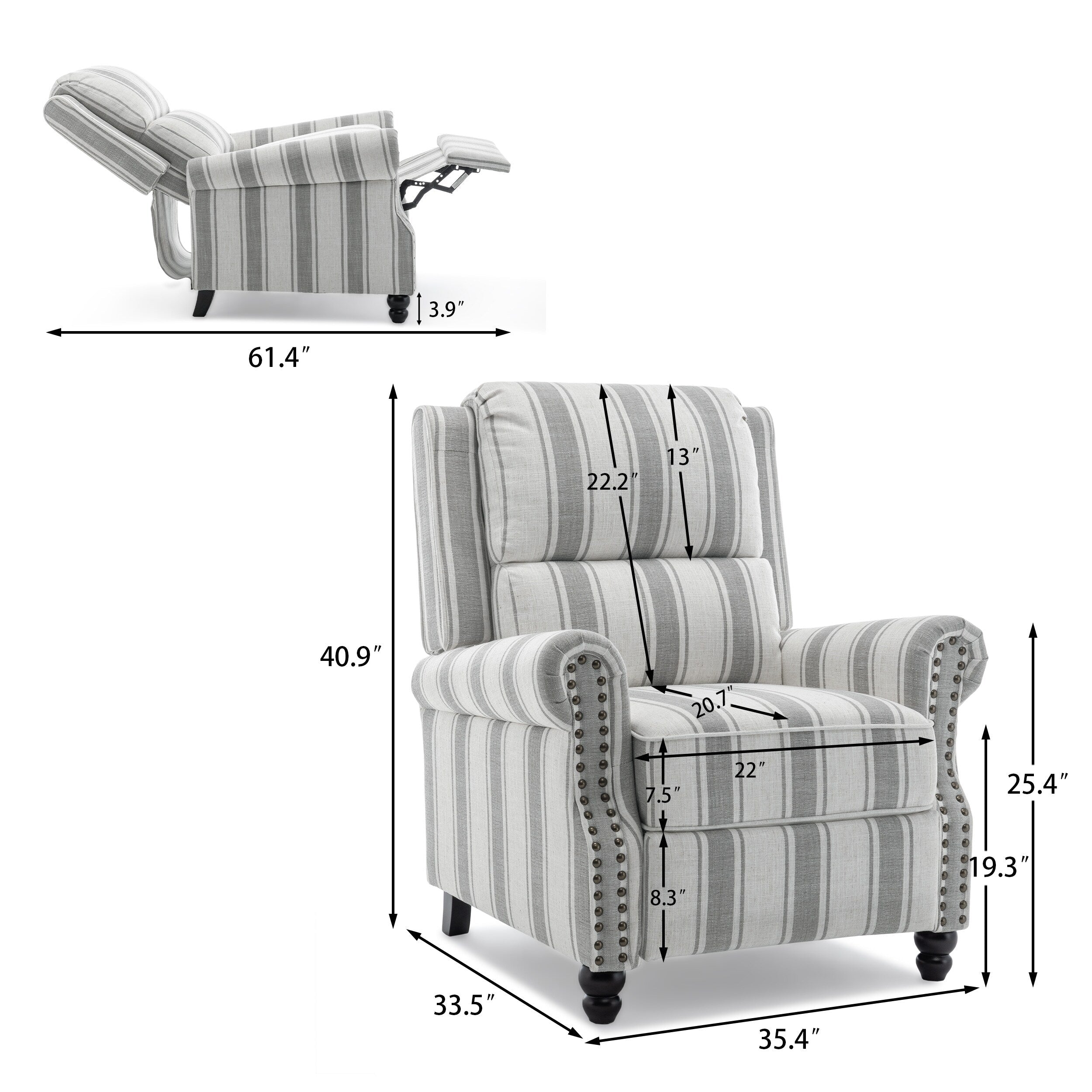 2 Set Manual Pushback Recliner Chair with Nailhead Trim