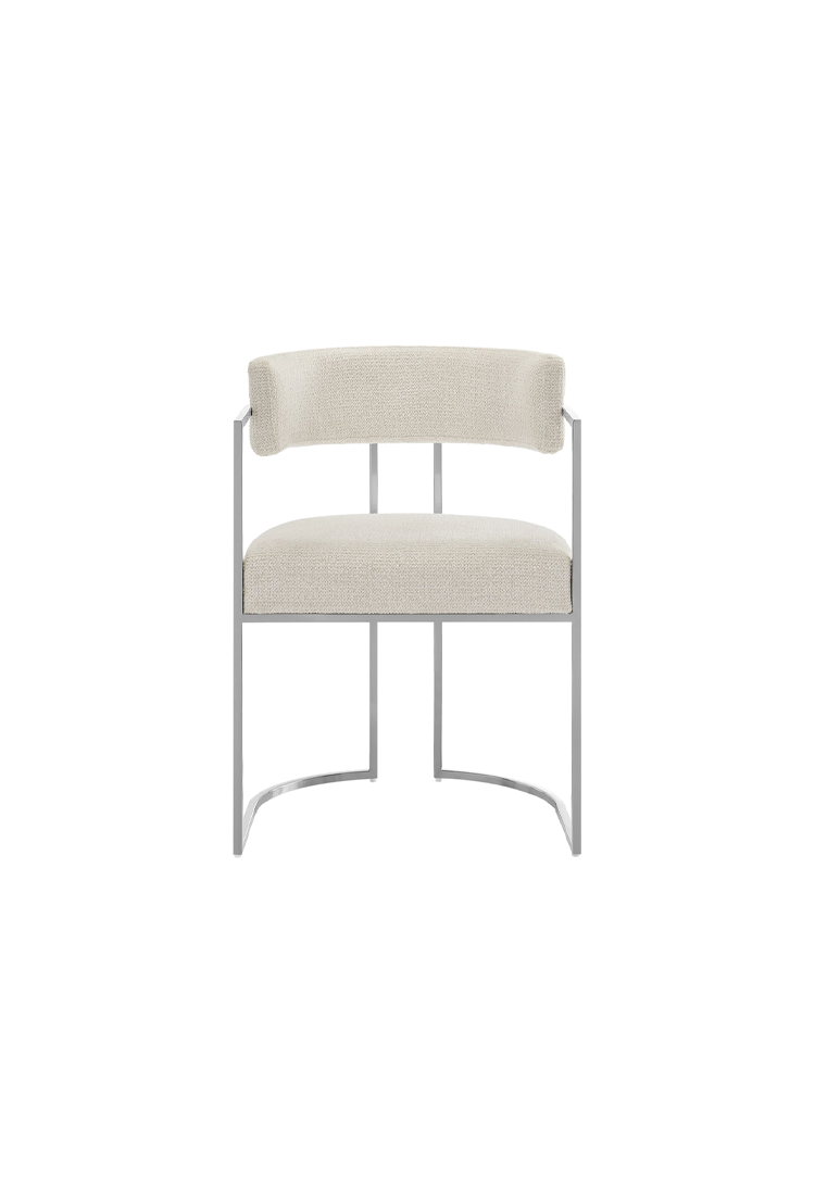 Chaise de salle à manger Ardenza à dossier incurvé en tissu et métal, couleur crème argentée
