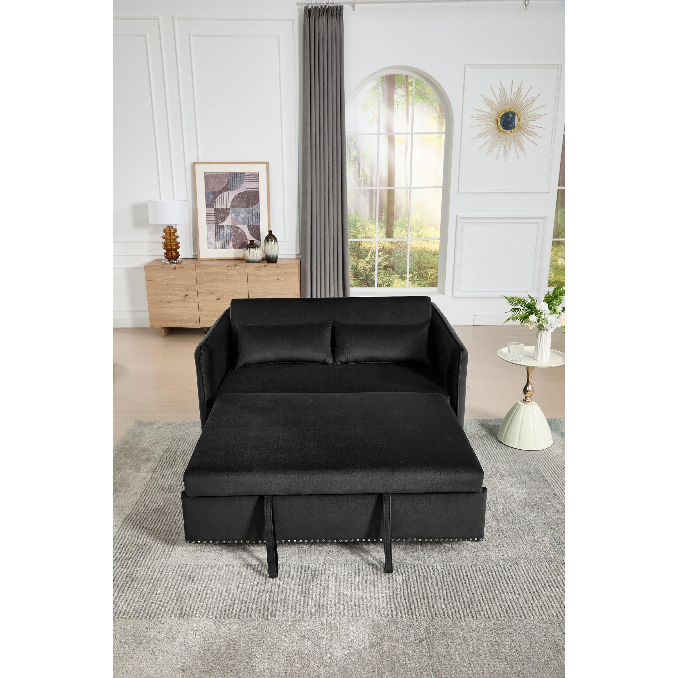 3 in 1 Convertible Sleeper Futon Sofa Bed, 55 Loveseat Lounge Couches with 2 Pillows, USB Ports & Side Pockets