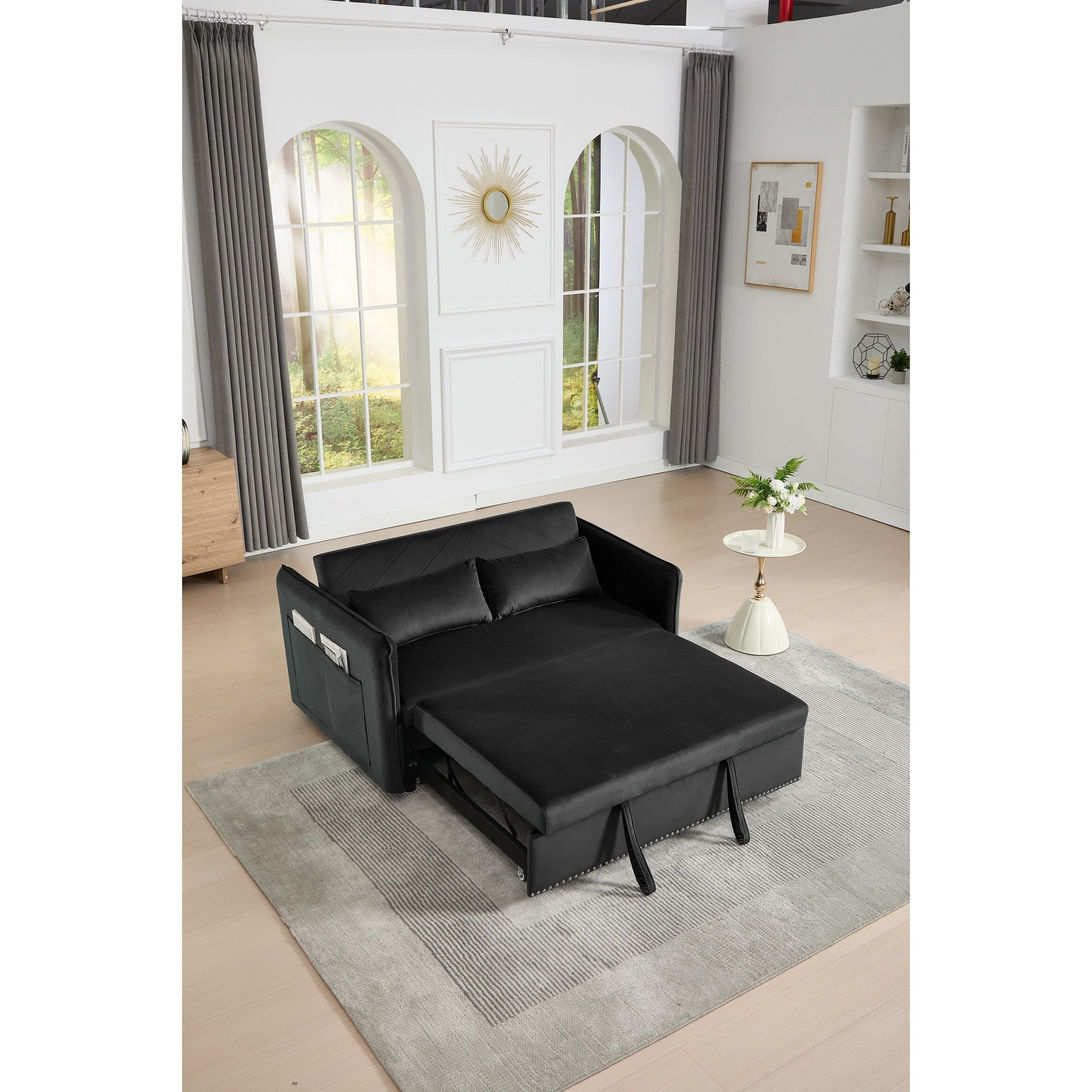 3 in 1 Convertible Sleeper Futon Sofa Bed, 55 Loveseat Lounge Couches with 2 Pillows, USB Ports & Side Pockets