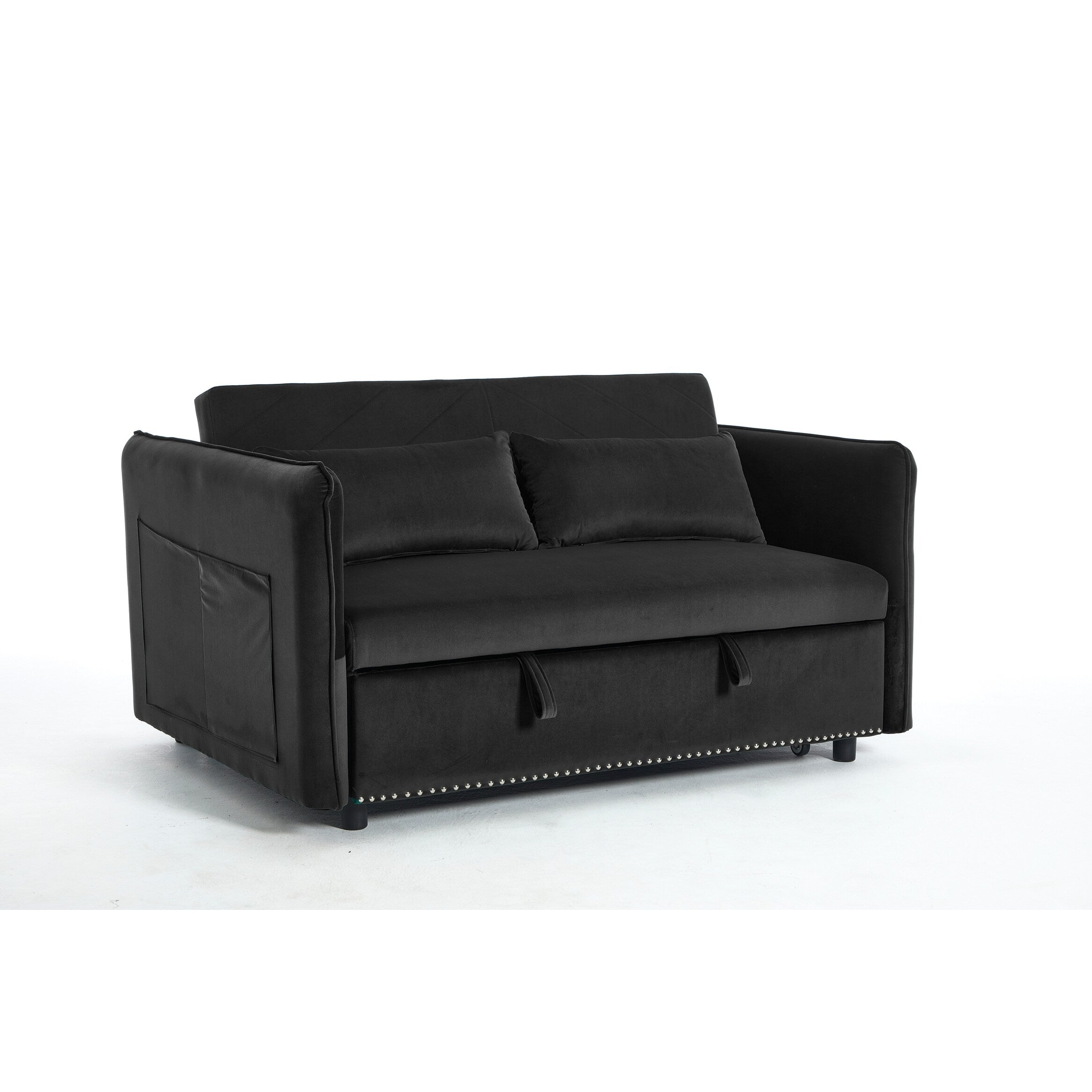 3 in 1 Convertible Sleeper Futon Sofa Bed, 55 Loveseat Lounge Couches with 2 Pillows, USB Ports & Side Pockets