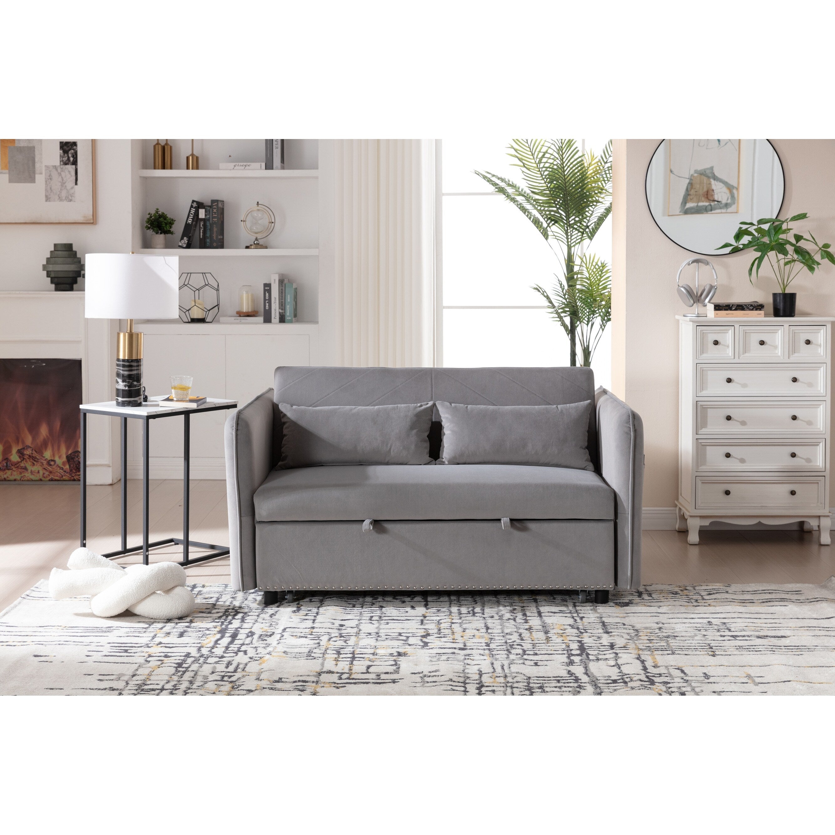 3 in 1 Convertible Sleeper Futon Sofa Bed, 55 Loveseat Lounge Couches with 2 Pillows, USB Ports & Side Pockets