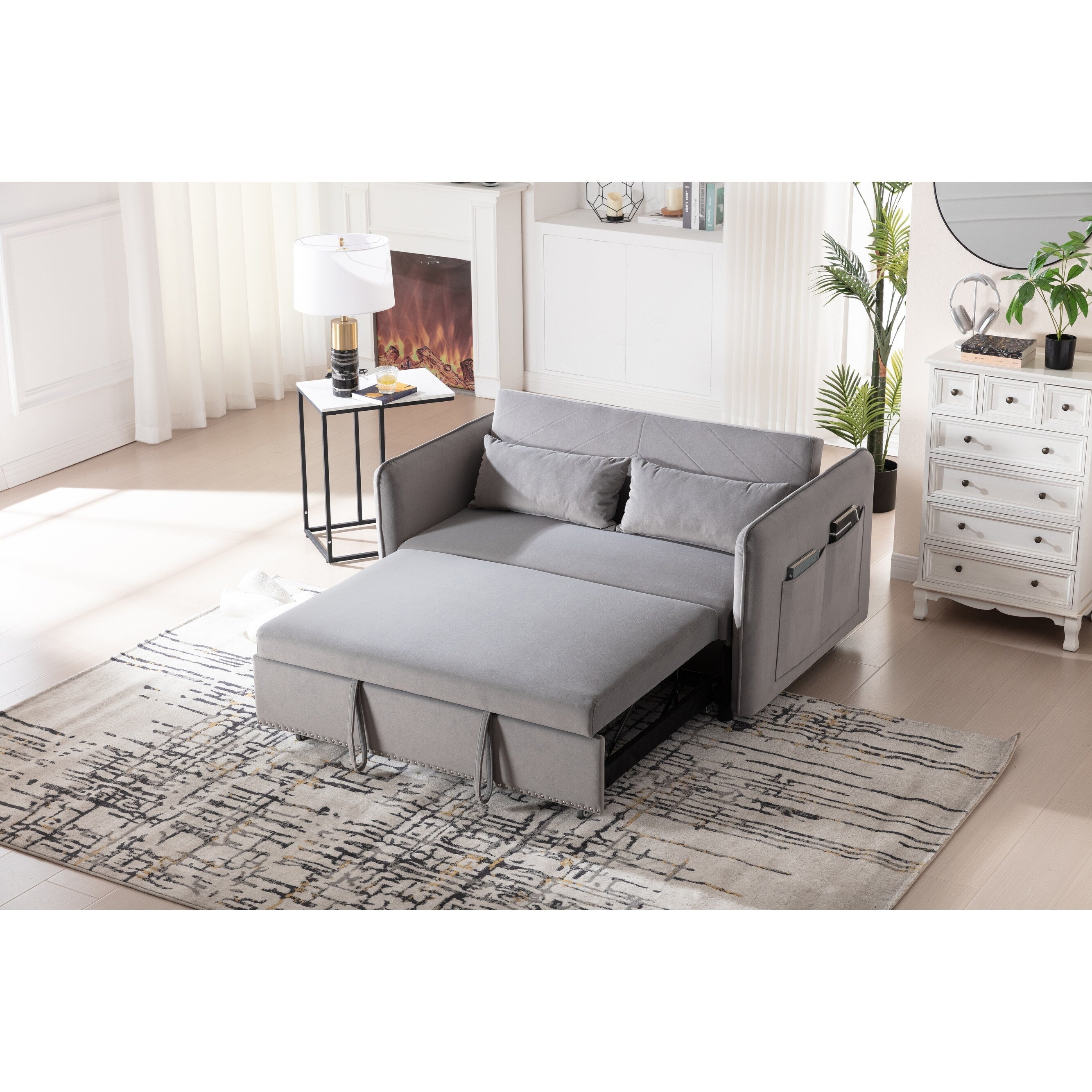 3 in 1 Convertible Sleeper Futon Sofa Bed, 55 Loveseat Lounge Couches with 2 Pillows, USB Ports & Side Pockets