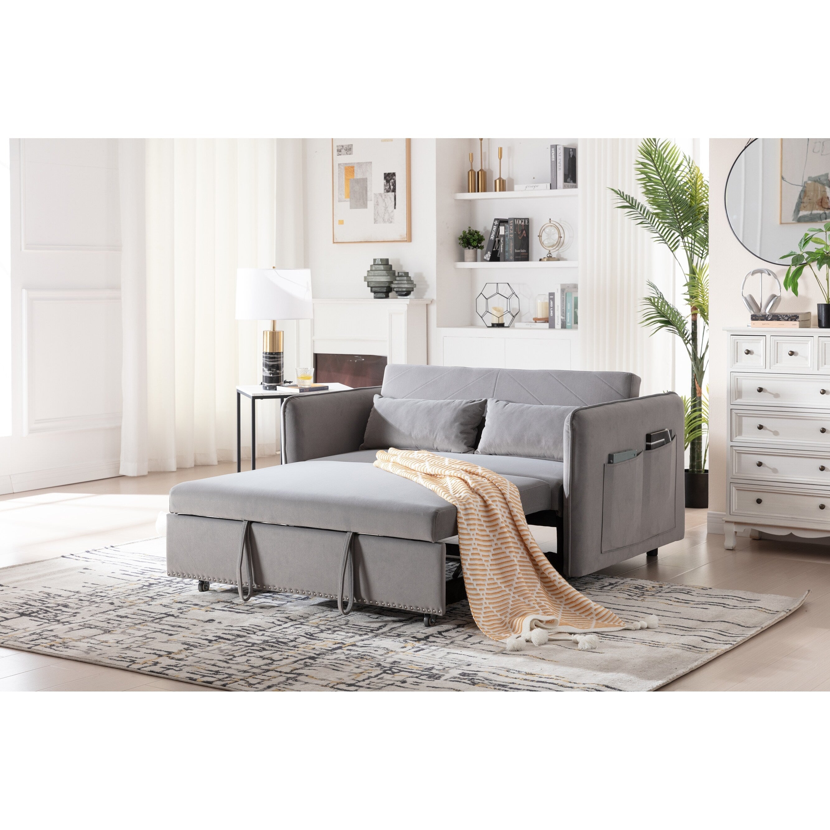 3 in 1 Convertible Sleeper Futon Sofa Bed, 55 Loveseat Lounge Couches with 2 Pillows, USB Ports & Side Pockets