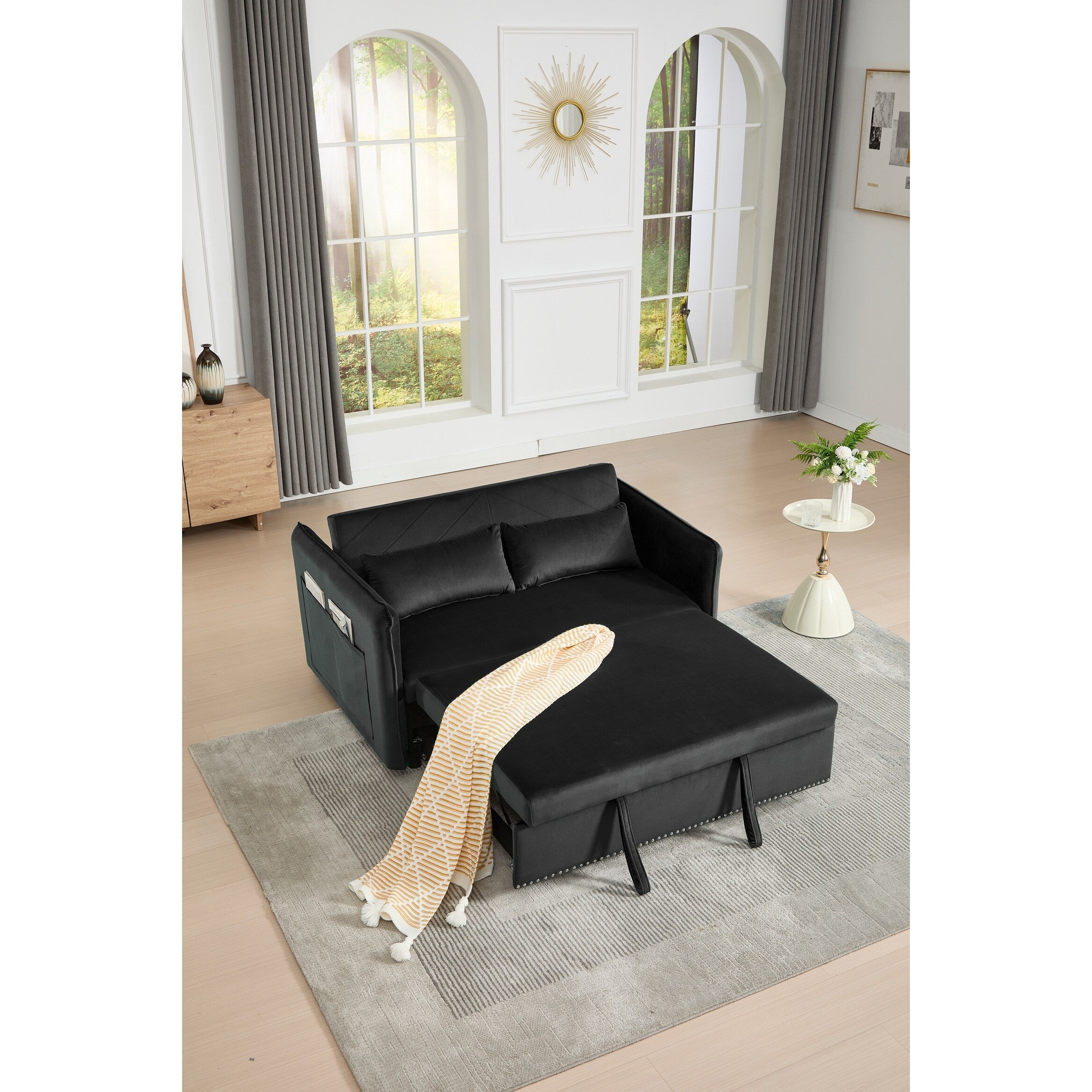 3 in 1 Convertible Sleeper Futon Sofa Bed, 55 Loveseat Lounge Couches with 2 Pillows, USB Ports & Side Pockets