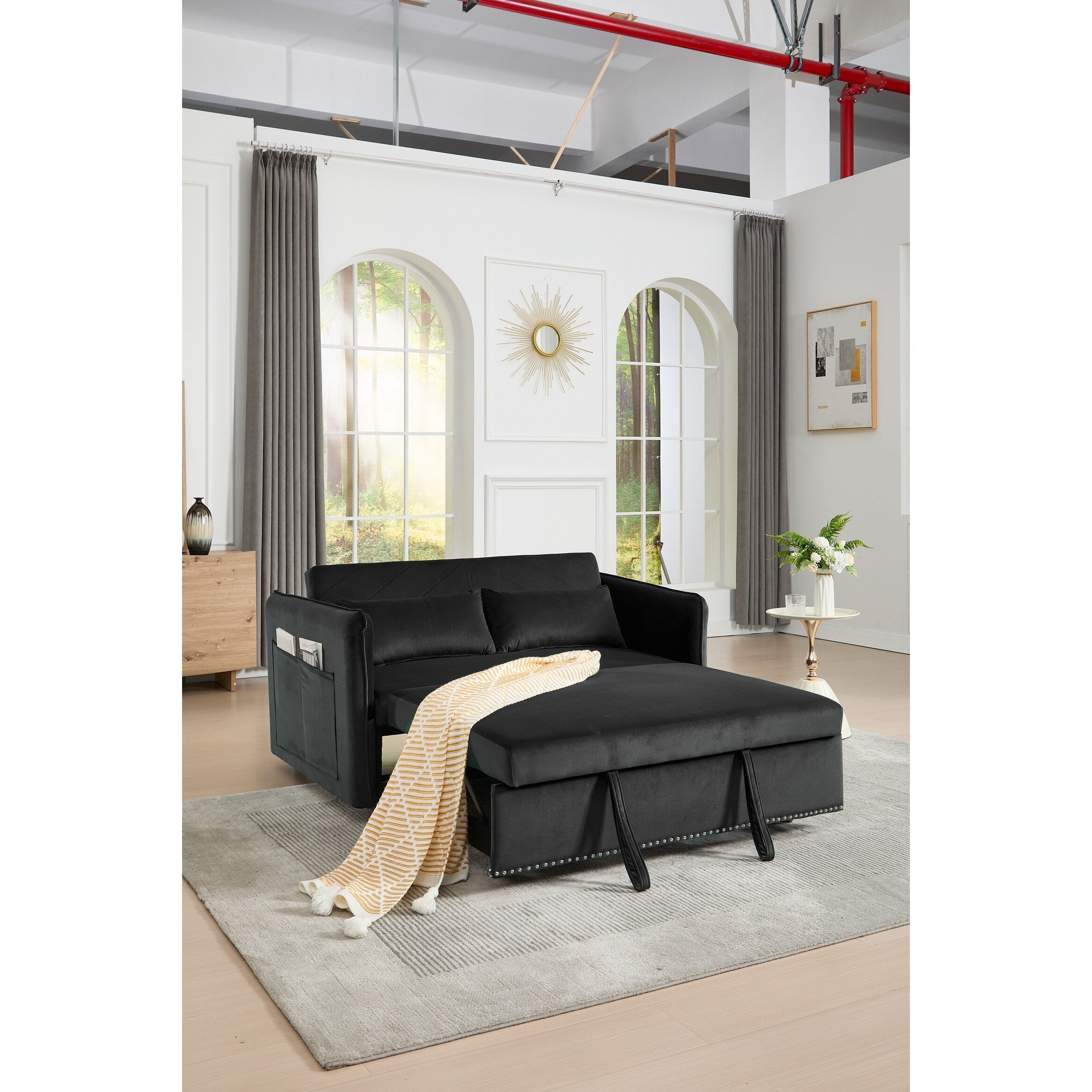 3 in 1 Convertible Sleeper Futon Sofa Bed, 55 Loveseat Lounge Couches with 2 Pillows, USB Ports & Side Pockets