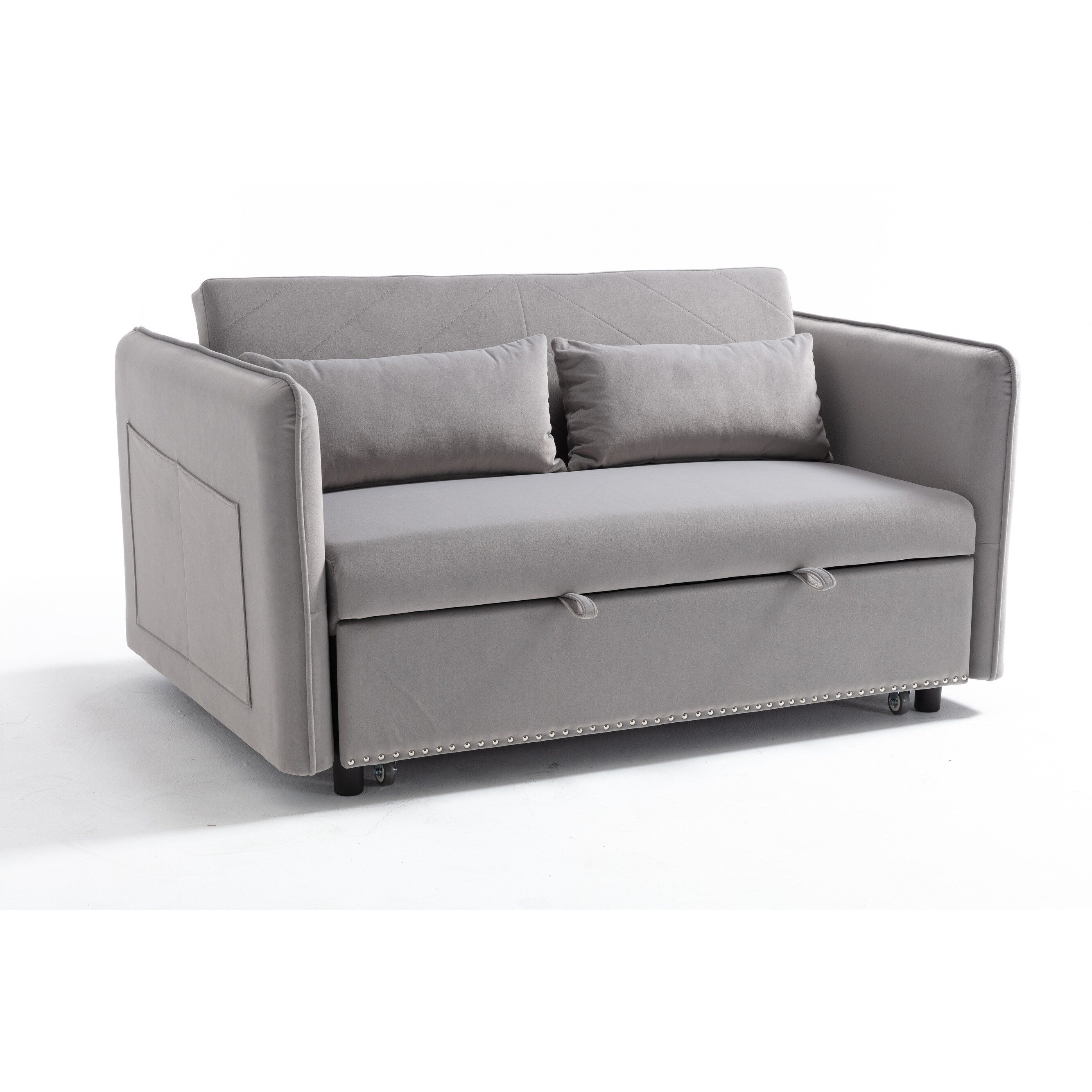3 in 1 Convertible Sleeper Futon Sofa Bed, 55 Loveseat Lounge Couches with 2 Pillows, USB Ports & Side Pockets