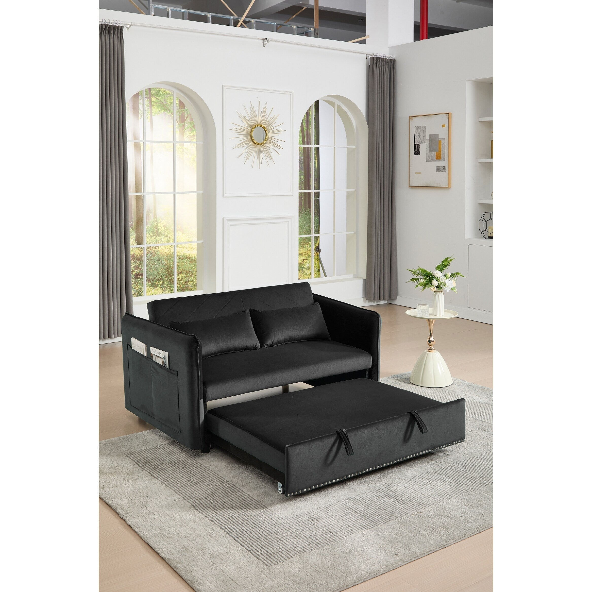 3 in 1 Convertible Sleeper Futon Sofa Bed, 55 Loveseat Lounge Couches with 2 Pillows, USB Ports & Side Pockets
