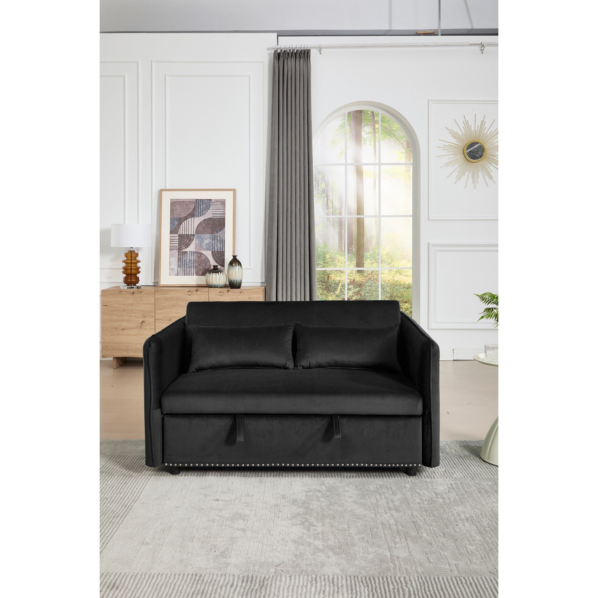 3 in 1 Convertible Sleeper Futon Sofa Bed, 55 Loveseat Lounge Couches with 2 Pillows, USB Ports & Side Pockets