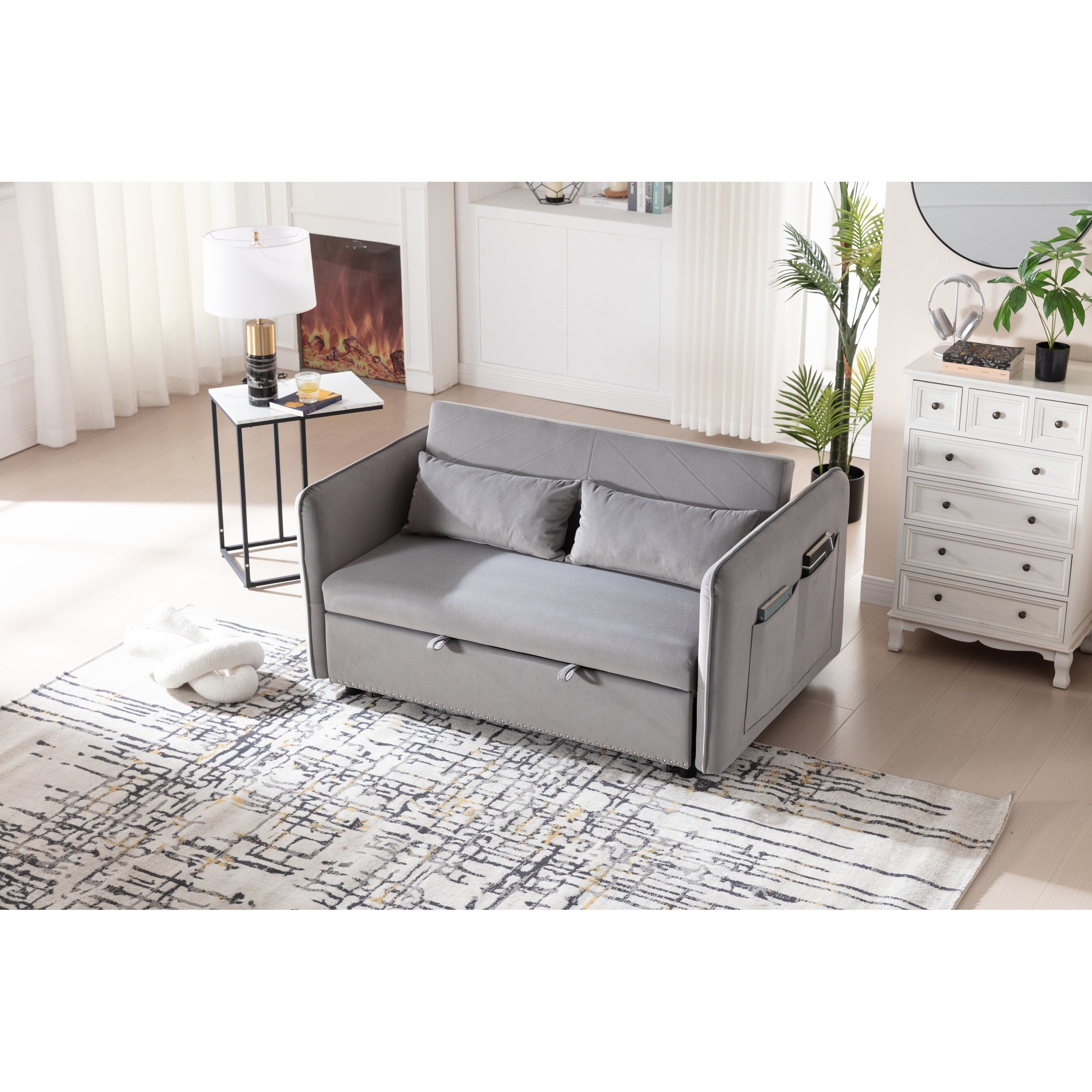 3 in 1 Convertible Sleeper Futon Sofa Bed, 55 Loveseat Lounge Couches with 2 Pillows, USB Ports & Side Pockets