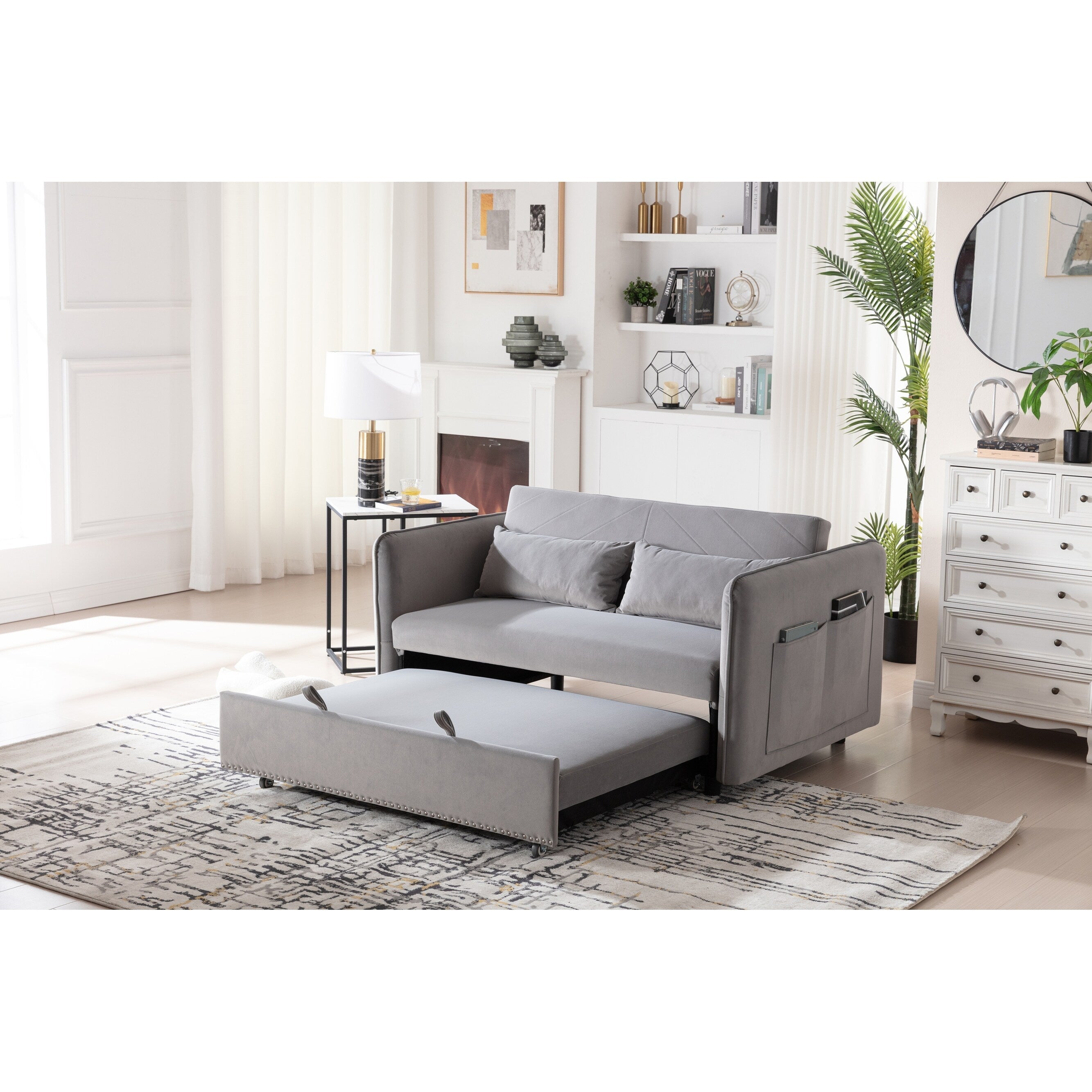 3 in 1 Convertible Sleeper Futon Sofa Bed, 55 Loveseat Lounge Couches with 2 Pillows, USB Ports & Side Pockets