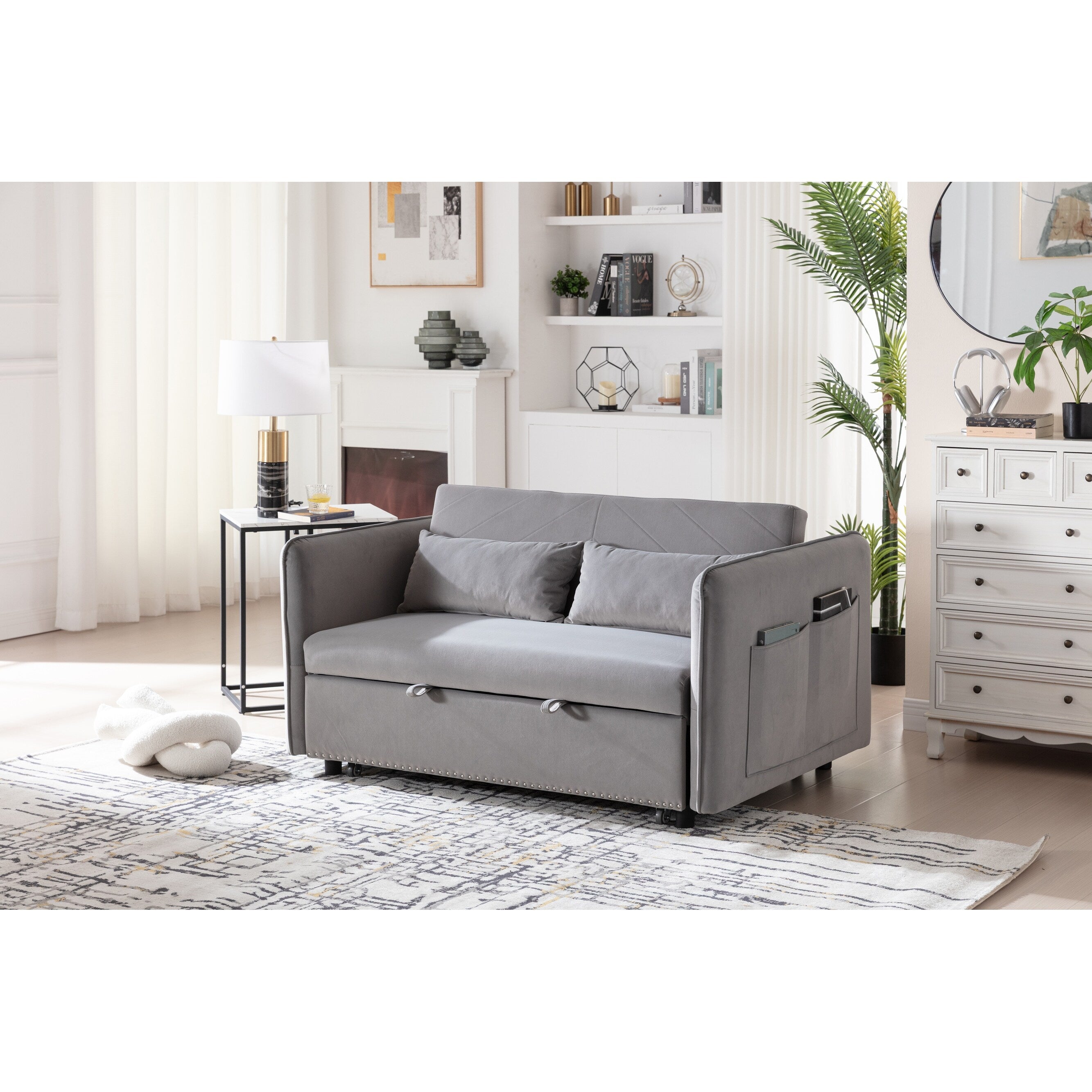 3 in 1 Convertible Sleeper Futon Sofa Bed, 55 Loveseat Lounge Couches with 2 Pillows, USB Ports & Side Pockets