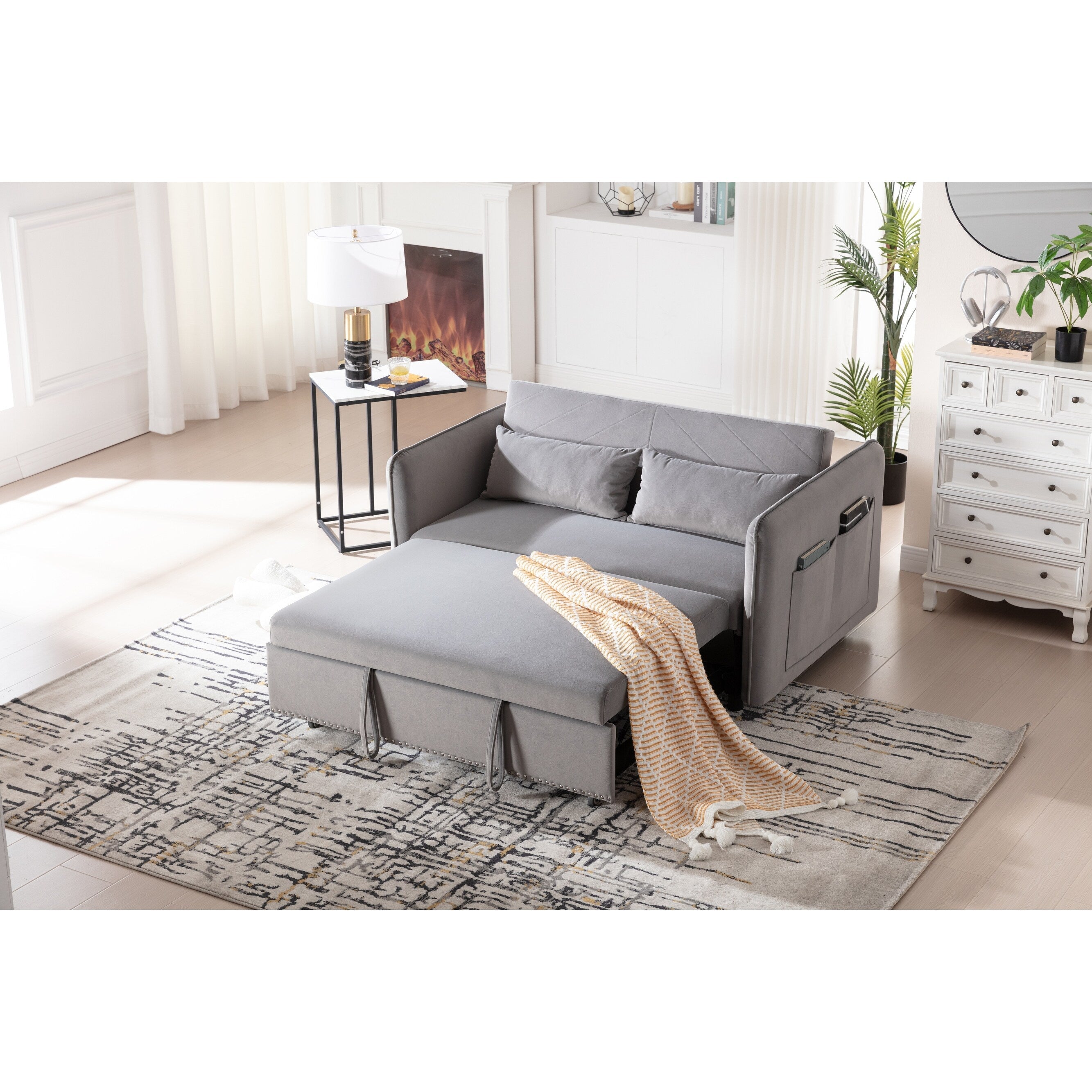 3 in 1 Convertible Sleeper Futon Sofa Bed, 55 Loveseat Lounge Couches with 2 Pillows, USB Ports & Side Pockets