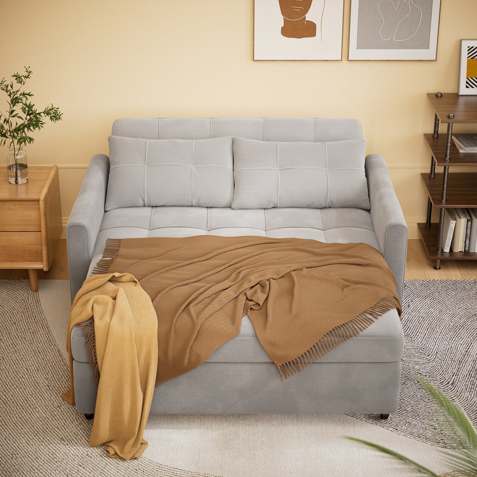 3 in 1 Convertible Sleeper Loveseat Couch, Futon Sofa Bed with Pull-Out Bed & Adjustable Backrest