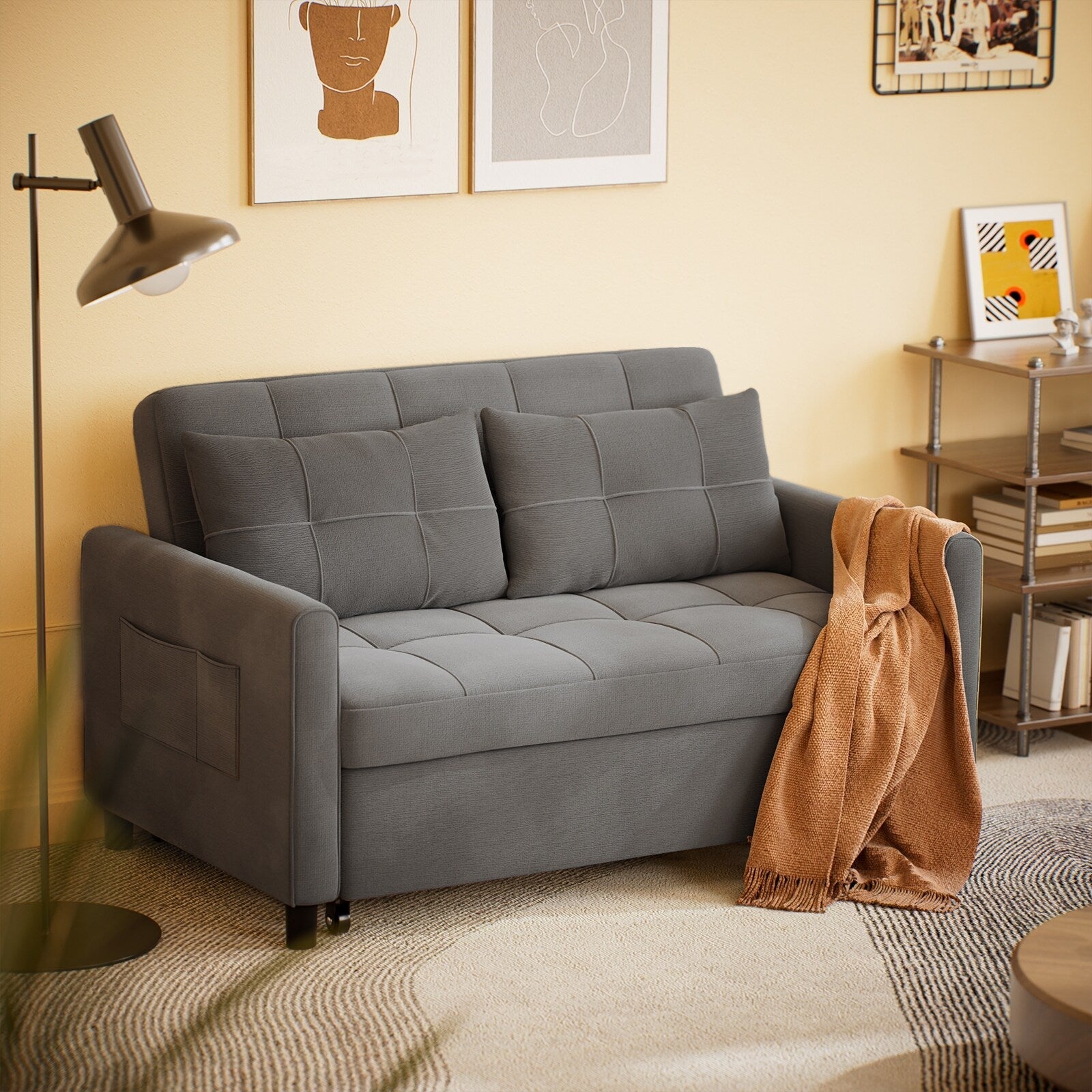 3 in 1 Convertible Sleeper Loveseat Couch, Futon Sofa Bed with Pull-Out Bed & Adjustable Backrest