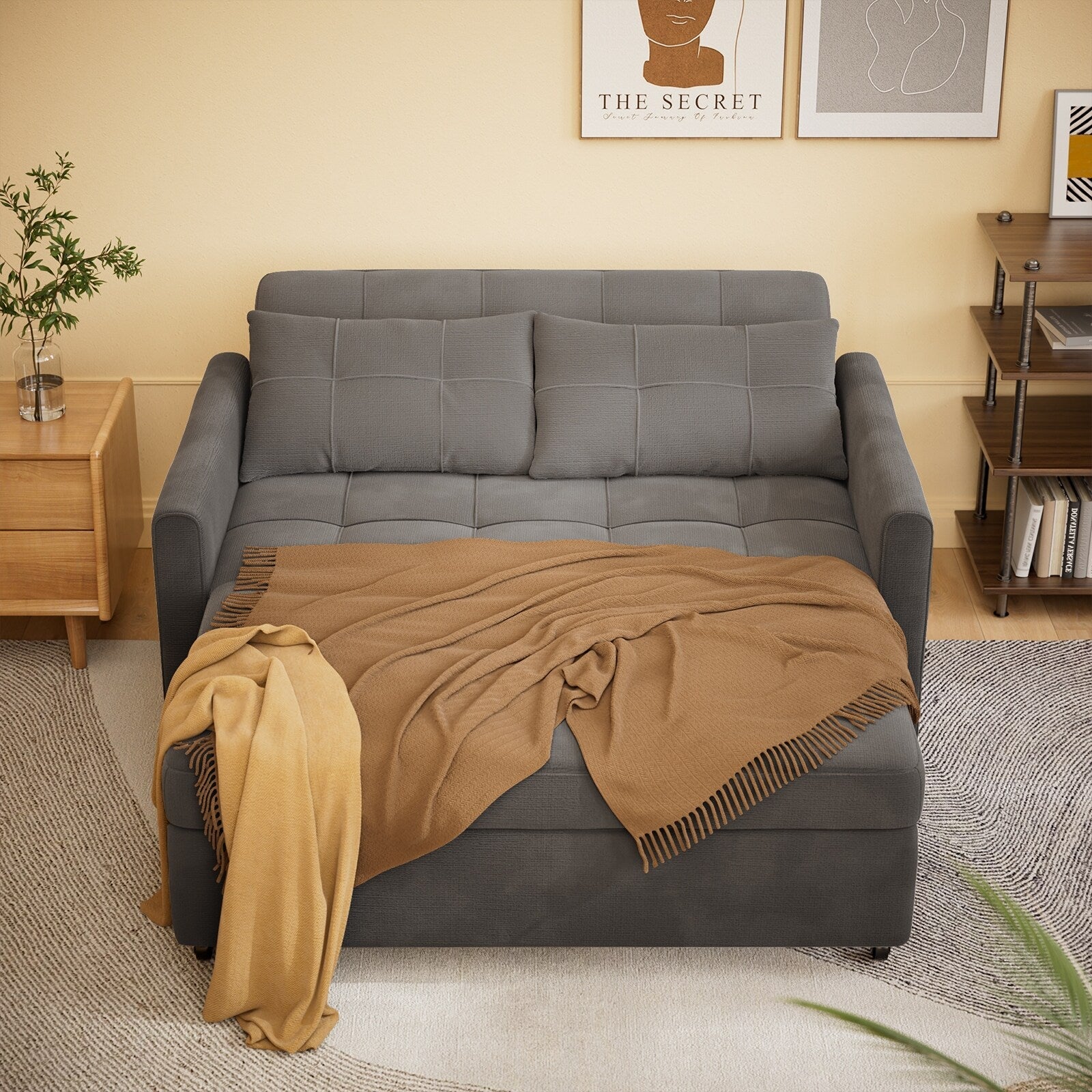 3 in 1 Convertible Sleeper Loveseat Couch, Futon Sofa Bed with Pull-Out Bed & Adjustable Backrest