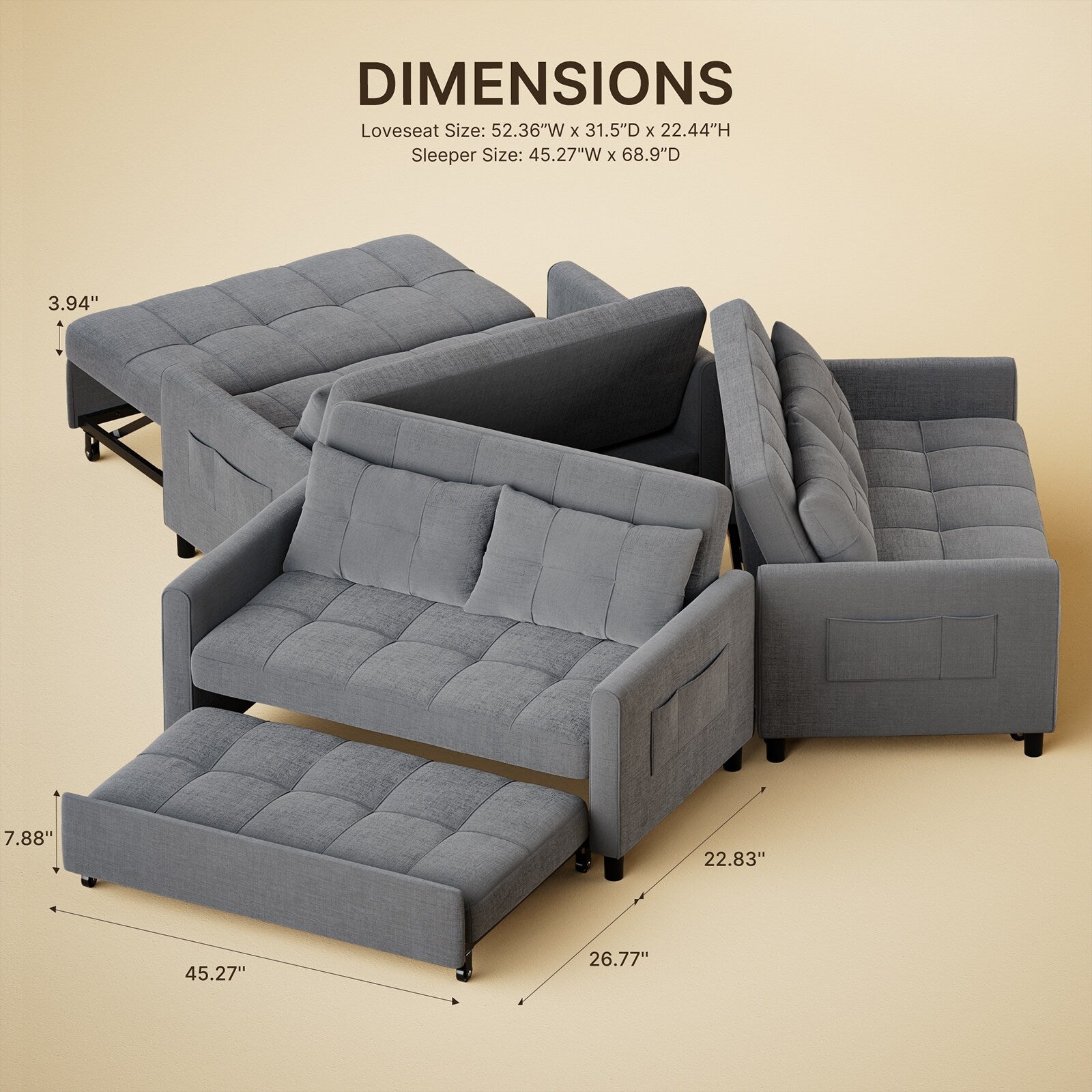 3 in 1 Convertible Sleeper Loveseat Couch, Futon Sofa Bed with Pull-Out Bed & Adjustable Backrest