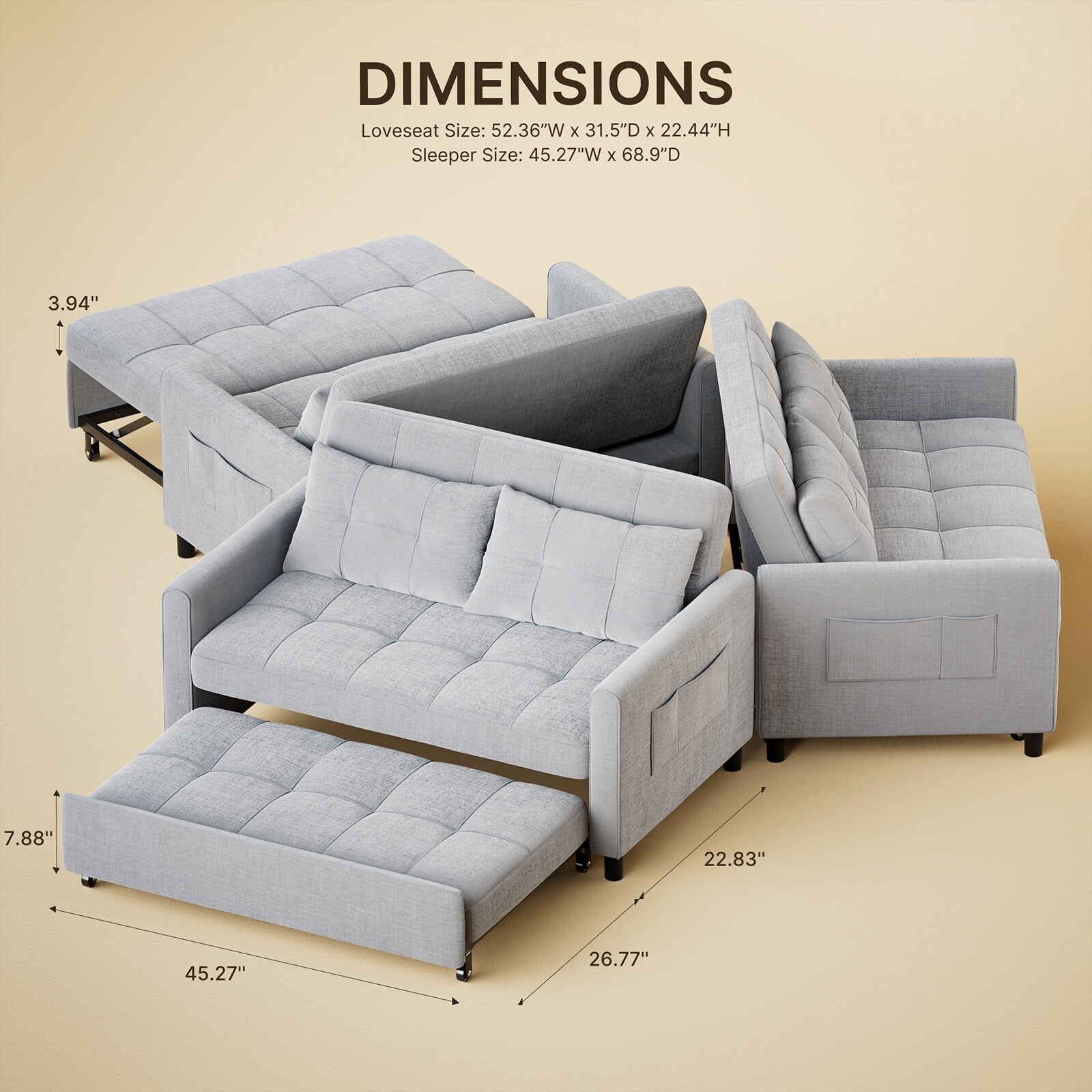 3 in 1 Convertible Sleeper Loveseat Couch, Futon Sofa Bed with Pull-Out Bed & Adjustable Backrest