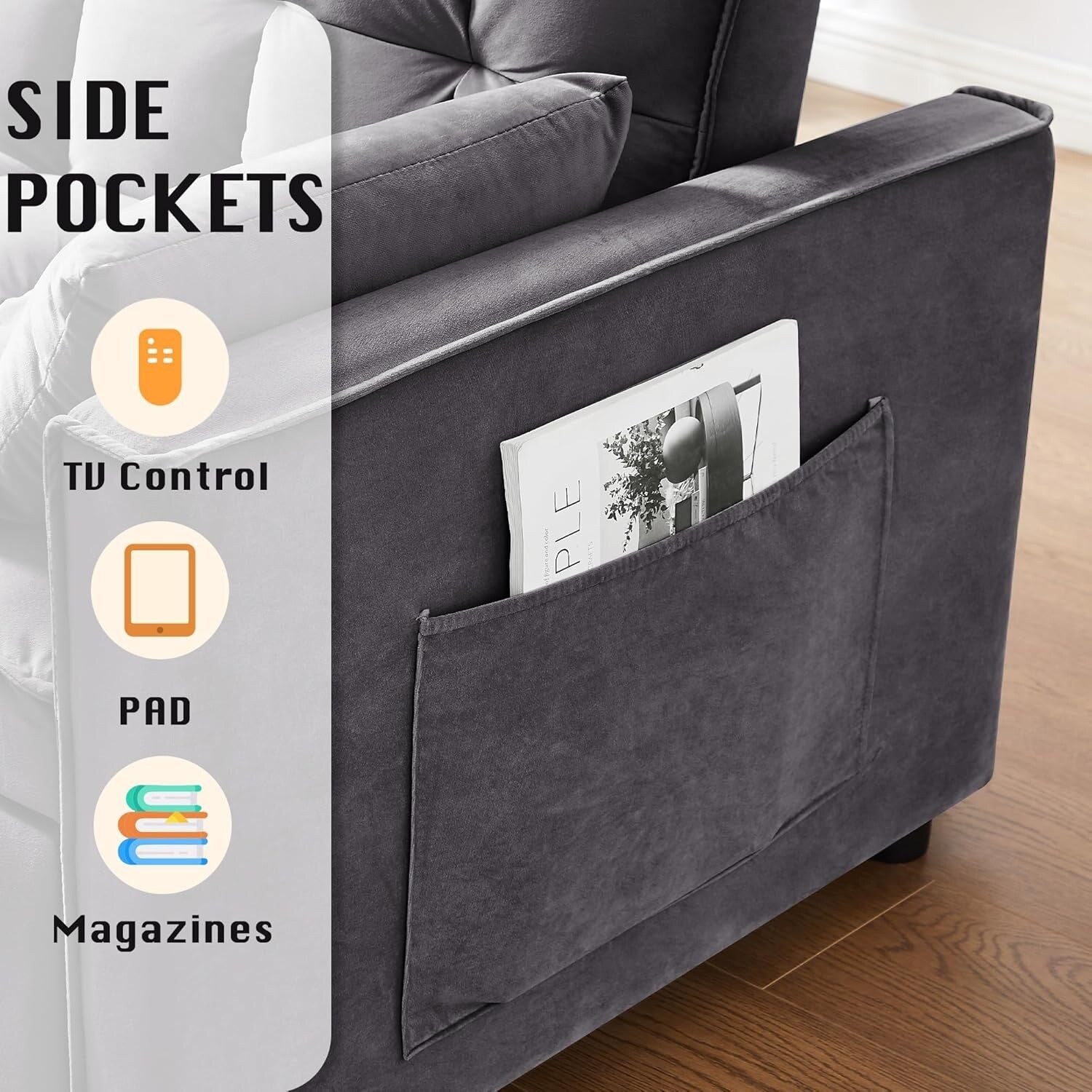 3 in 1 Convertible Sleeper Sofa Bed - Velvet Futon Couch with Adjustable Backrest, Side Pocket & Pull Out Function, Dark Gray