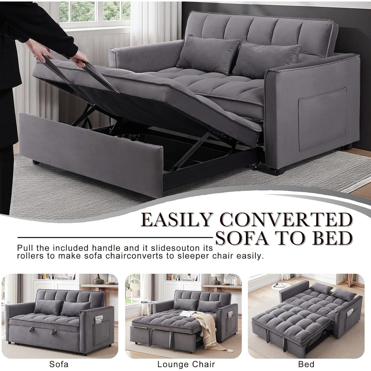 3 in 1 Convertible Sleeper Sofa Bed - Velvet Futon Couch with Adjustable Backrest, Side Pocket & Pull Out Function, Dark Gray