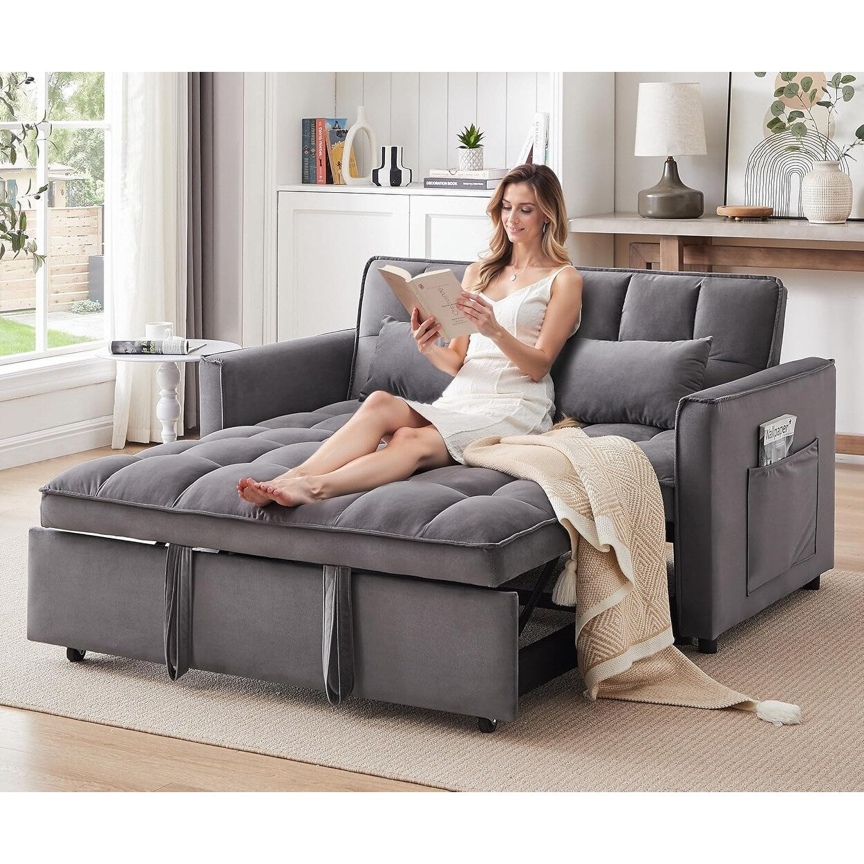 3 in 1 Convertible Sleeper Sofa Bed - Velvet Futon Couch with Adjustable Backrest, Side Pocket & Pull Out Function, Dark Gray