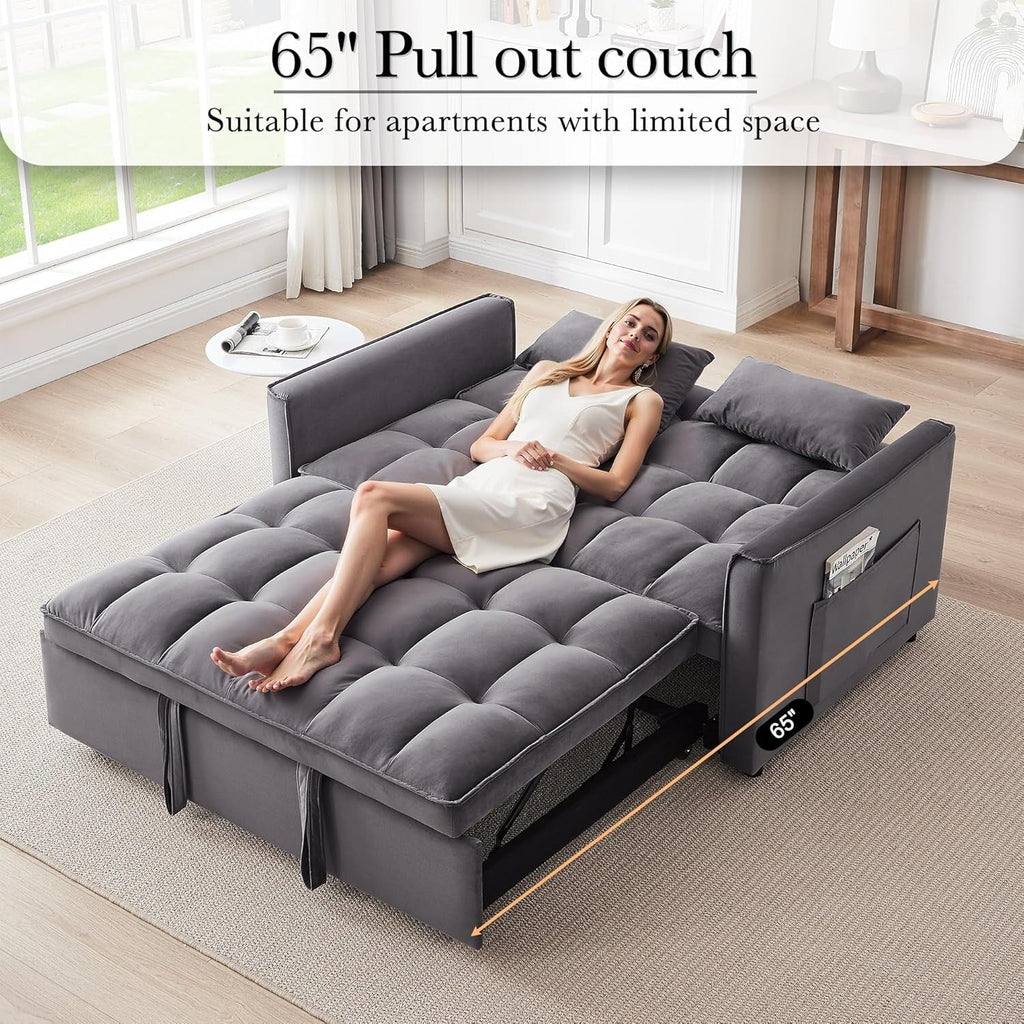 3 in 1 Convertible Sleeper Sofa Bed - Velvet Futon Couch with Adjustable Backrest, Side Pocket & Pull Out Function, Dark Gray