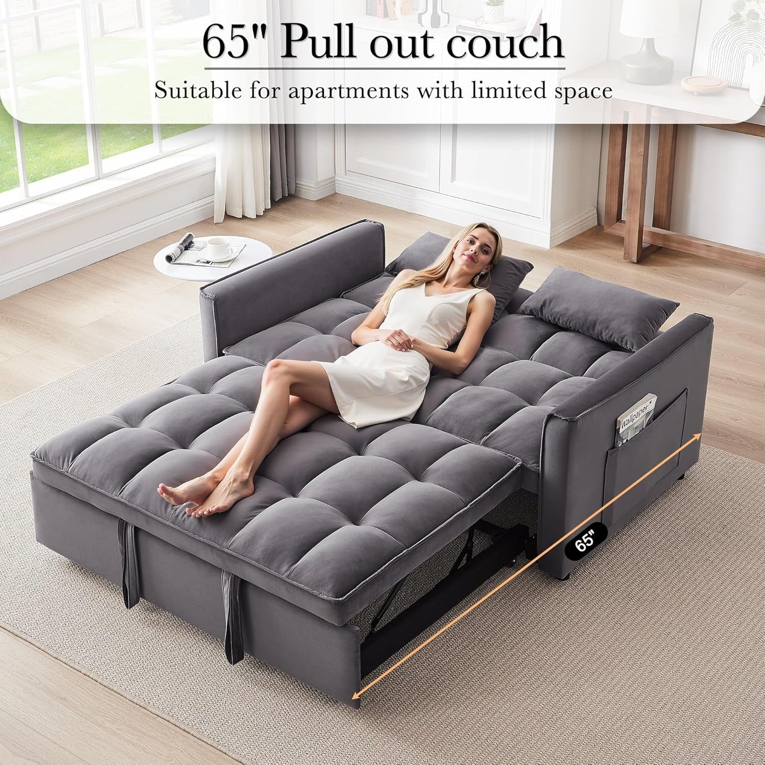 3 in 1 Convertible Sleeper Sofa Bed - Velvet Futon Couch with Adjustable Backrest, Side Pocket & Pull Out Function, Dark Gray